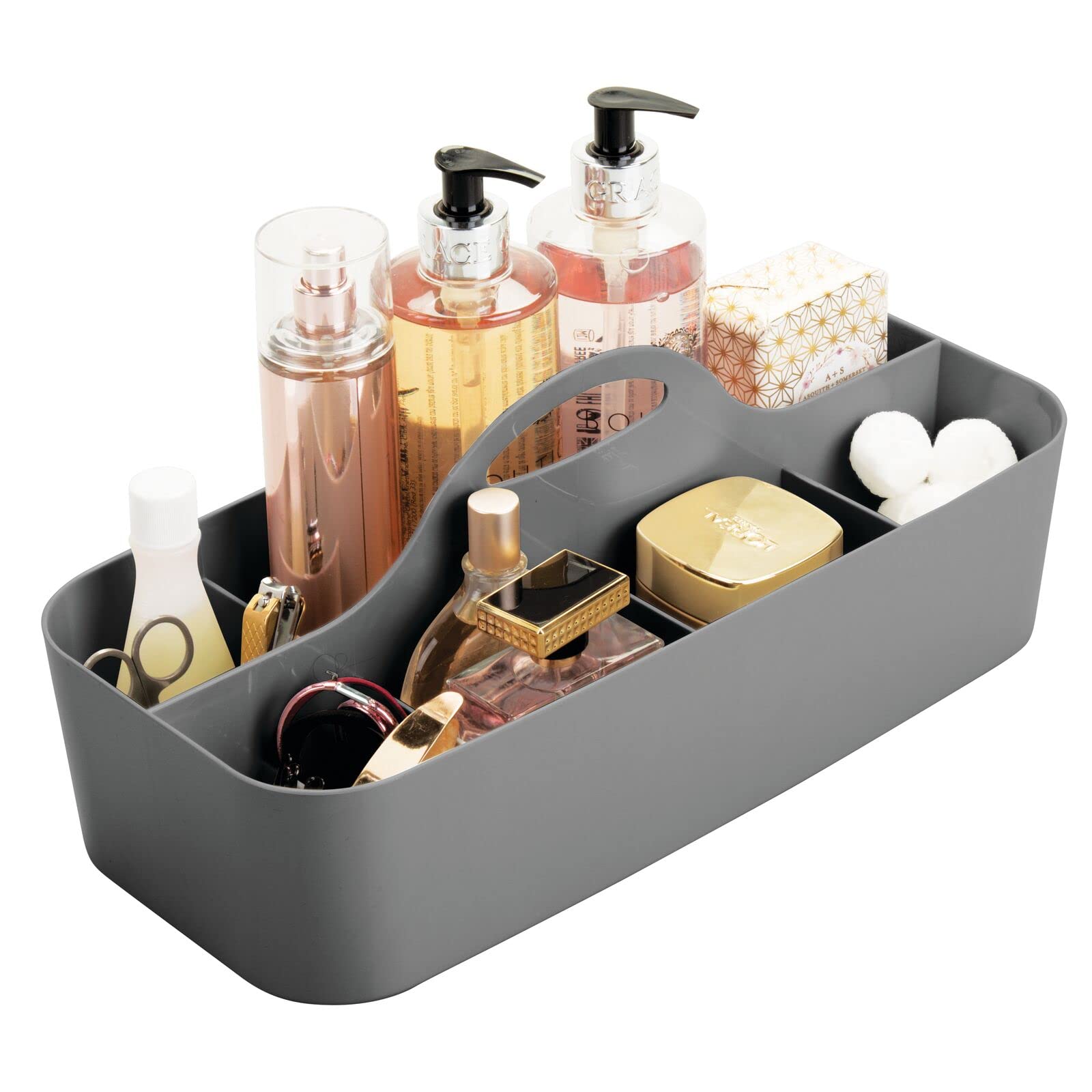 mDesign Plastic Bathroom Storage Organizer Caddy Tote - Divided Shower Basket with Handle for Soap, Shampoo & Toiletries - Dorm, Bathroom & Travel Organizer - Lumiere Collection in Charcoal Gray - Perfect for Shower Caddy, College Dorm Essentials & Bathroom Organization