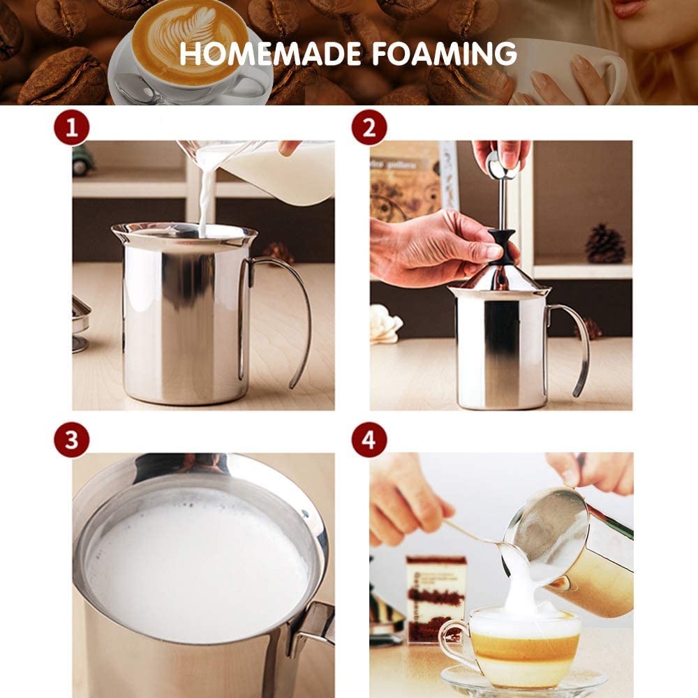 Premium Stainless Steel Milk Frother for Hot & Cold Coffee - 400ml Manual Pump, Silver - Perfect for Lattes, Cappuccinos & Hot Chocolate at Home or Cafe