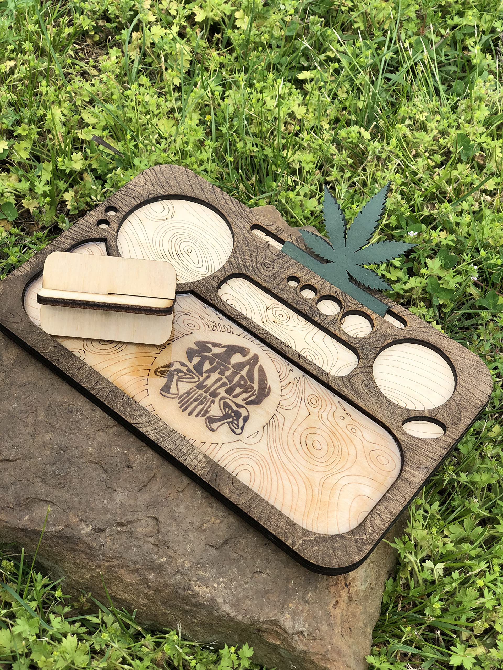 Wooden Rolling Tray Set with Epoxy Inlay & Laser Engraved Design - Includes Lighter Holder & Grinder Holder for Herbs - Perfect for Smoking Accessories Organization & Aesthetic Rolling Experience