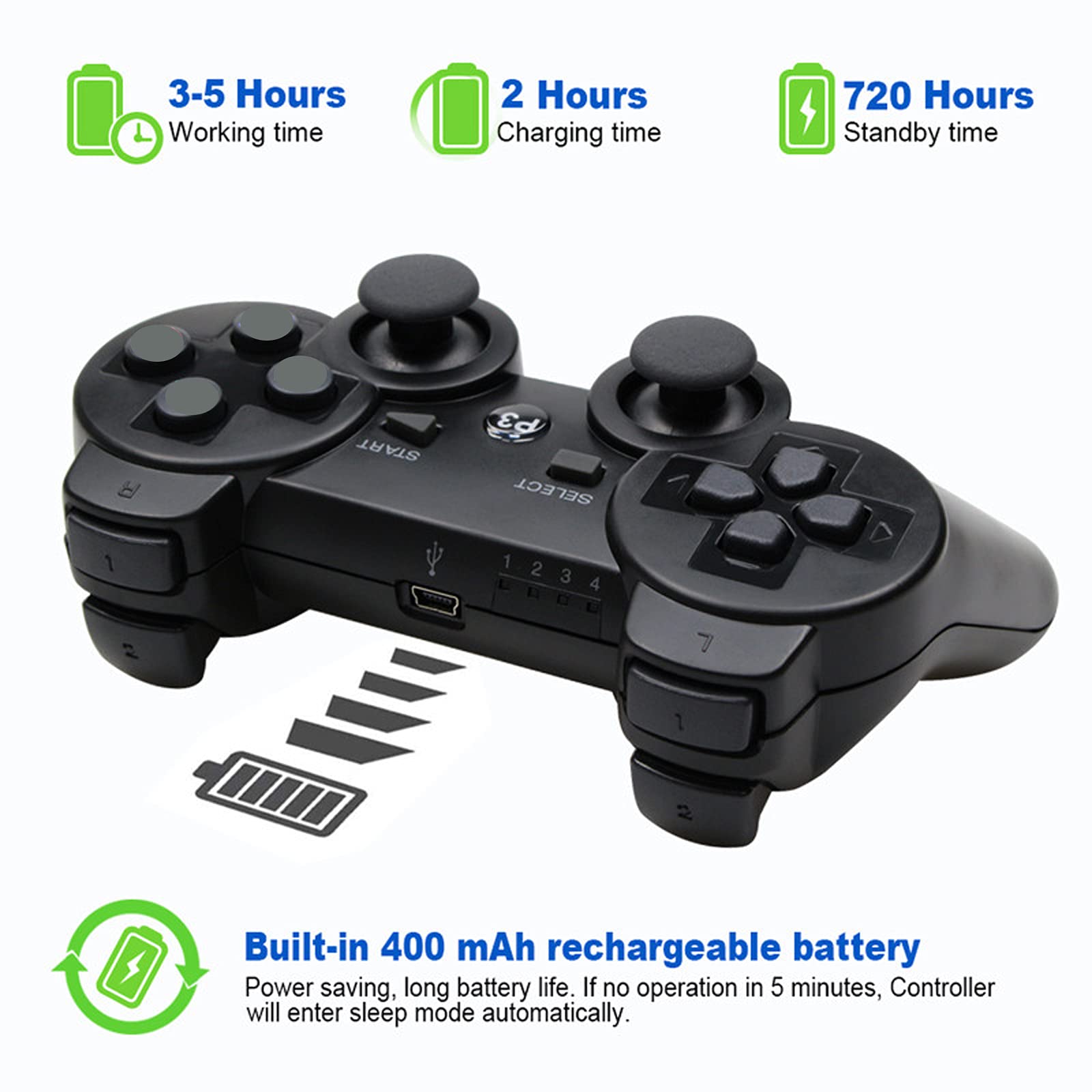 Hovlian Wireless PS3 Controller - Dual Vibration Gamepad Joystick for Playstation 3 with Charging Cable (2 Pack, Black) | Perfect for Multiplayer Gaming & Long Play Sessions
