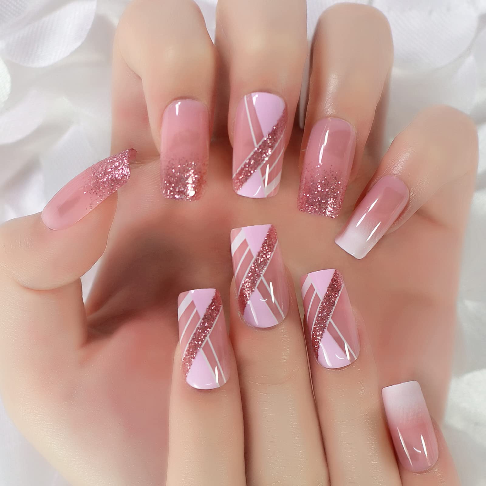 Pink Glitter French Line Geometry False Nails - Medium Square Glossy White Squoval Press On Nails (24 pcs/Kit) for Parties, Weddings & Special Occasions