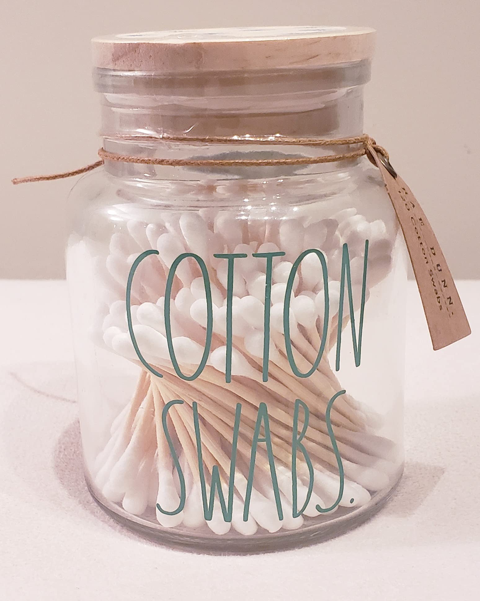Rae Dunn by Magenta Cotton Swabs Glass Apothecary Jar with 120 Cotton Swabs - Bathroom Vanity Organizer for Cotton Buds, Q-Tips Storage & Home Decor