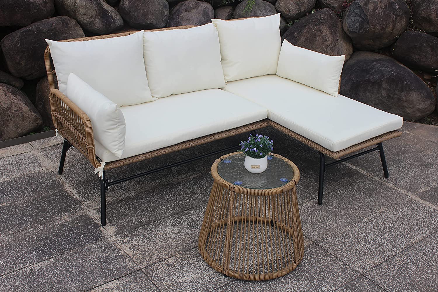 Premium Wicker Patio Furniture Set - Outdoor Sectional Sofa with Detachable Lounger, Coffee Table & Cushions for Backyard, Balcony, Garden or Poolside Relaxation