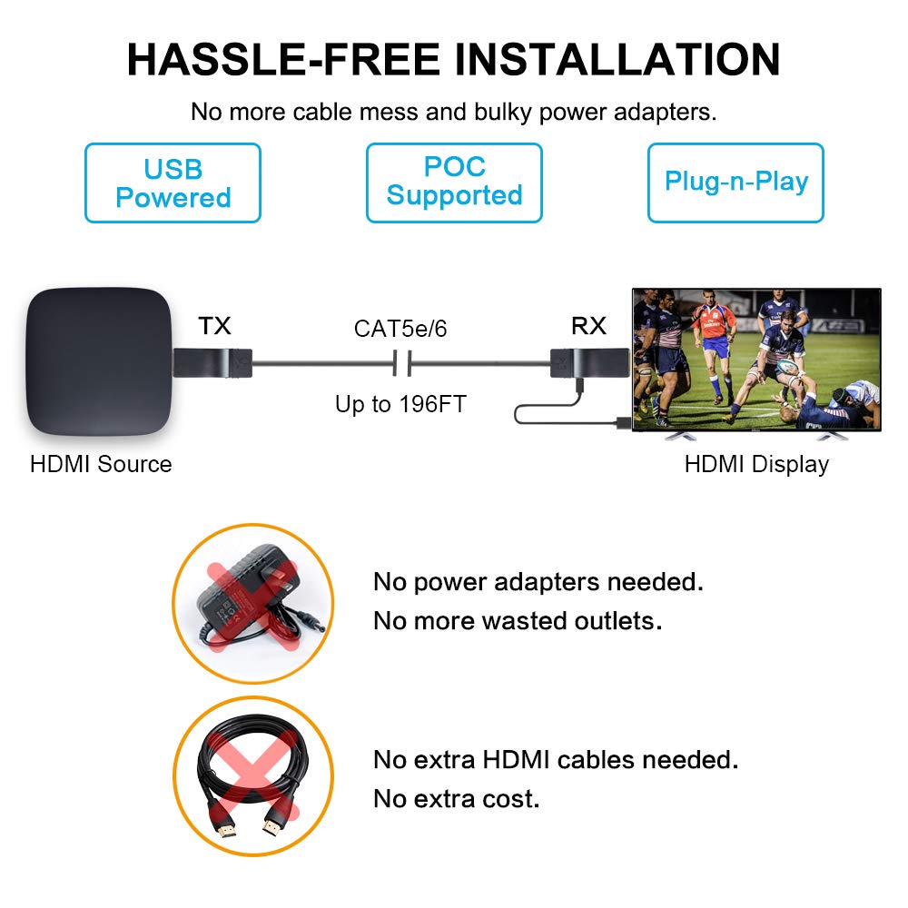 DDMALL Mini HDMI Extender 1080p@60Hz up to 196ft/60m - HDMI Over Ethernet Extender for Single CAT5e/CAT6/CAT7 Cable - Zero Latency Audio Video Transmission - Supports HDCP EDID POC - HDMI Transmitter & Receiver Kit (HE-15) - Perfect for Home Theater, Gaming Setup & Conference Room AV Systems