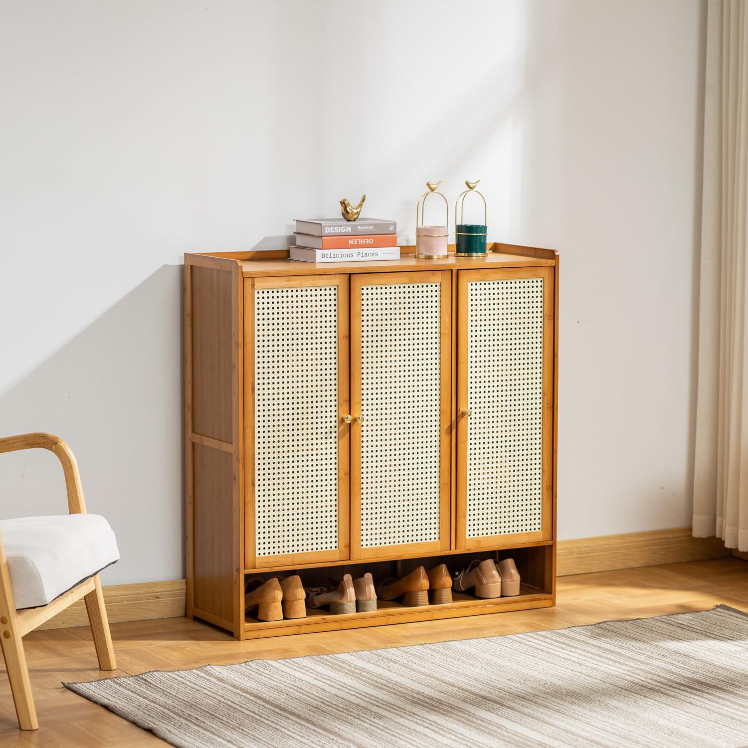 Suwoic 3-Door Bamboo Rattan Shoe Storage Cabinet - 6-Tier Shoe Rack Organizer for Entryway, Hallway & Closet - Space-Saving Shoe Organizer for Home, Apartment & Dorm Room