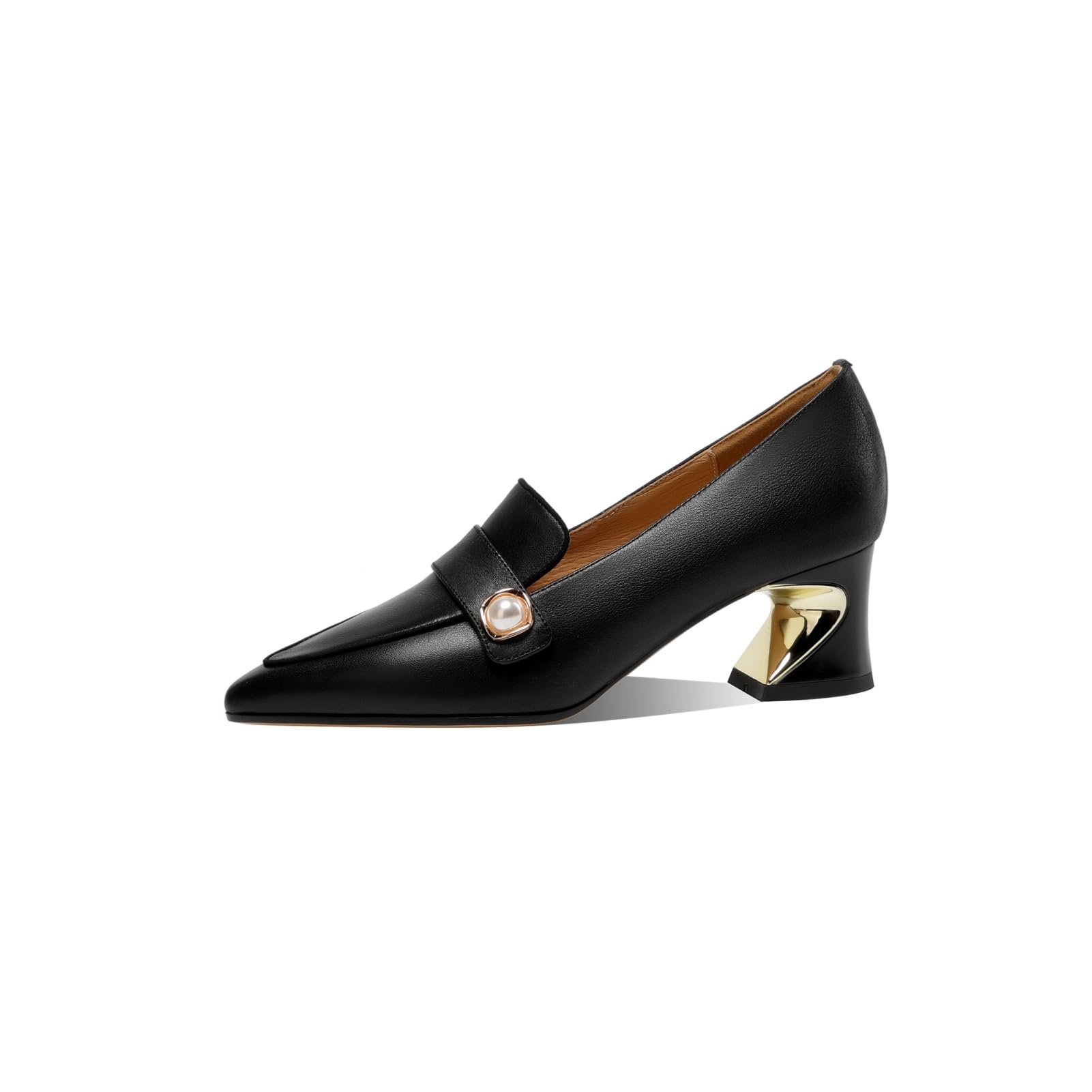 TinaCus Women's Pointed Toe Genuine Leather Chunky Heel Slip-On Pumps with Pearl Decor - Elegant Dress Shoes for Work, Party & Wedding Occasions