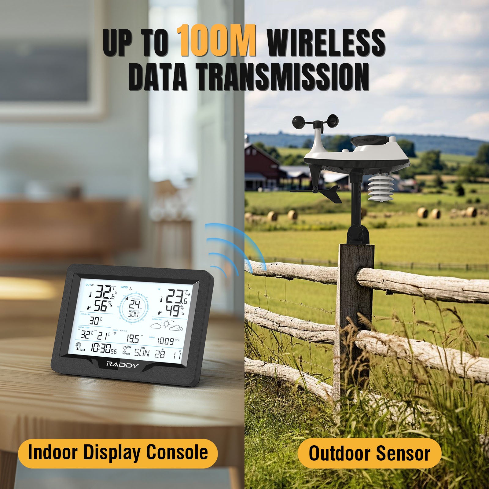 Raddy MN6 Lite Wireless Weather Station - 5-in-1 Indoor Outdoor Thermometer with Barometric Pressure, DCF Atomic Clock & Weather Forecast | Perfect for Home, Garden, Office & Outdoor Activities