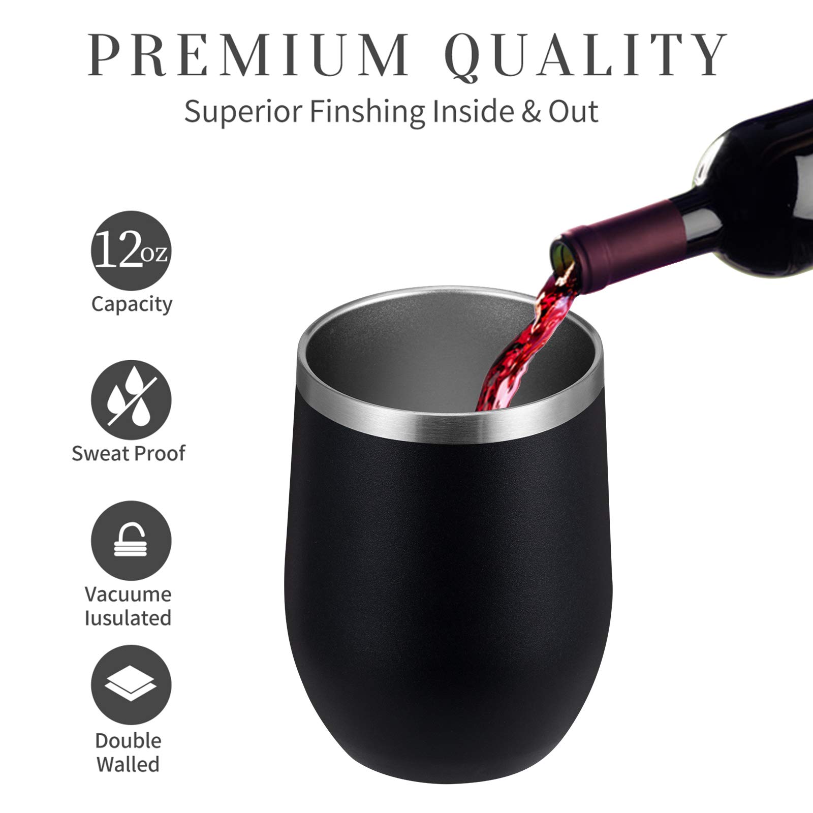 MEWAY 12oz/12 Pack Stainless Steel Wine Tumbler with Lid - Double Wall Vacuum Insulated Travel Mug for Wine, Coffee, Cocktails - Perfect for Outdoor Picnics, Parties, Camping & Gifts (Black, Set of 12)