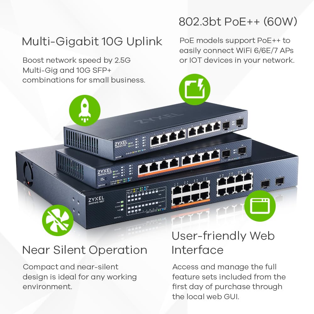 Zyxel XMG1915-10E 8-Port Multi-Gig 2.5G Smart Managed Switch with 2x 10G SFP+ Ports | Desktop & Wall Mountable | Ideal for Home Office & Small Business Networks