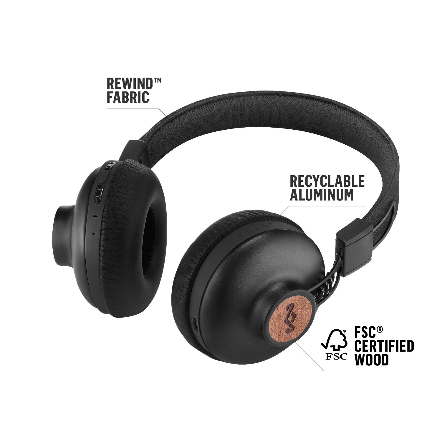 House of Marley Positive Vibration 2 Wireless Bluetooth Over-Ear Headphones with Built-in Mic - 10 Hour Playtime, Noise Isolation, Eco-Friendly Materials - Perfect for Commuting, Workouts & Travel (Black)