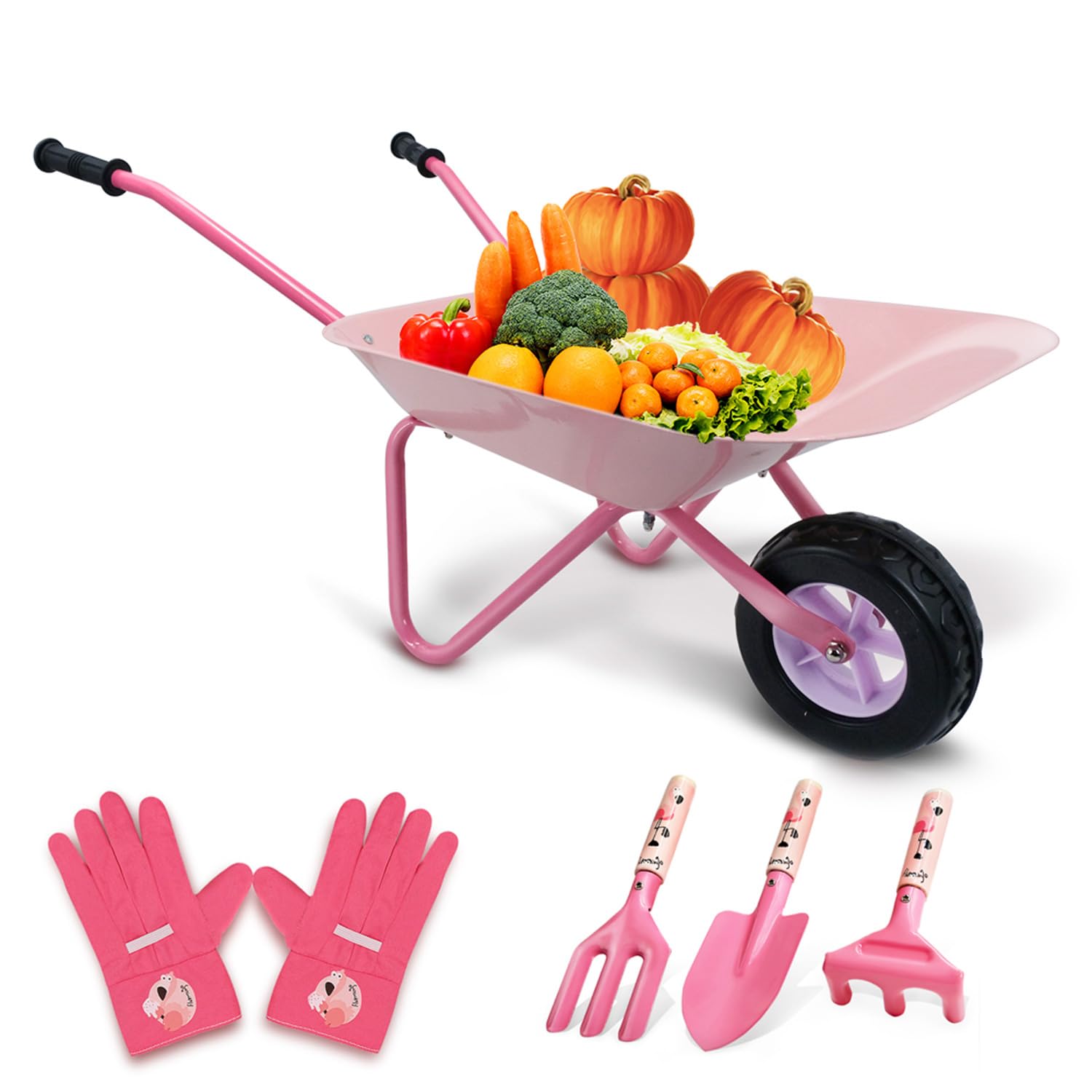 **Pink Metal Kids Wheelbarrow Set - Easy to Assemble Gardening Tools Kit with Small Wheelbarrow, Outdoor & Indoor Garden Toys for Girls - Perfect for Gardening, Playtime & Gift Giving**