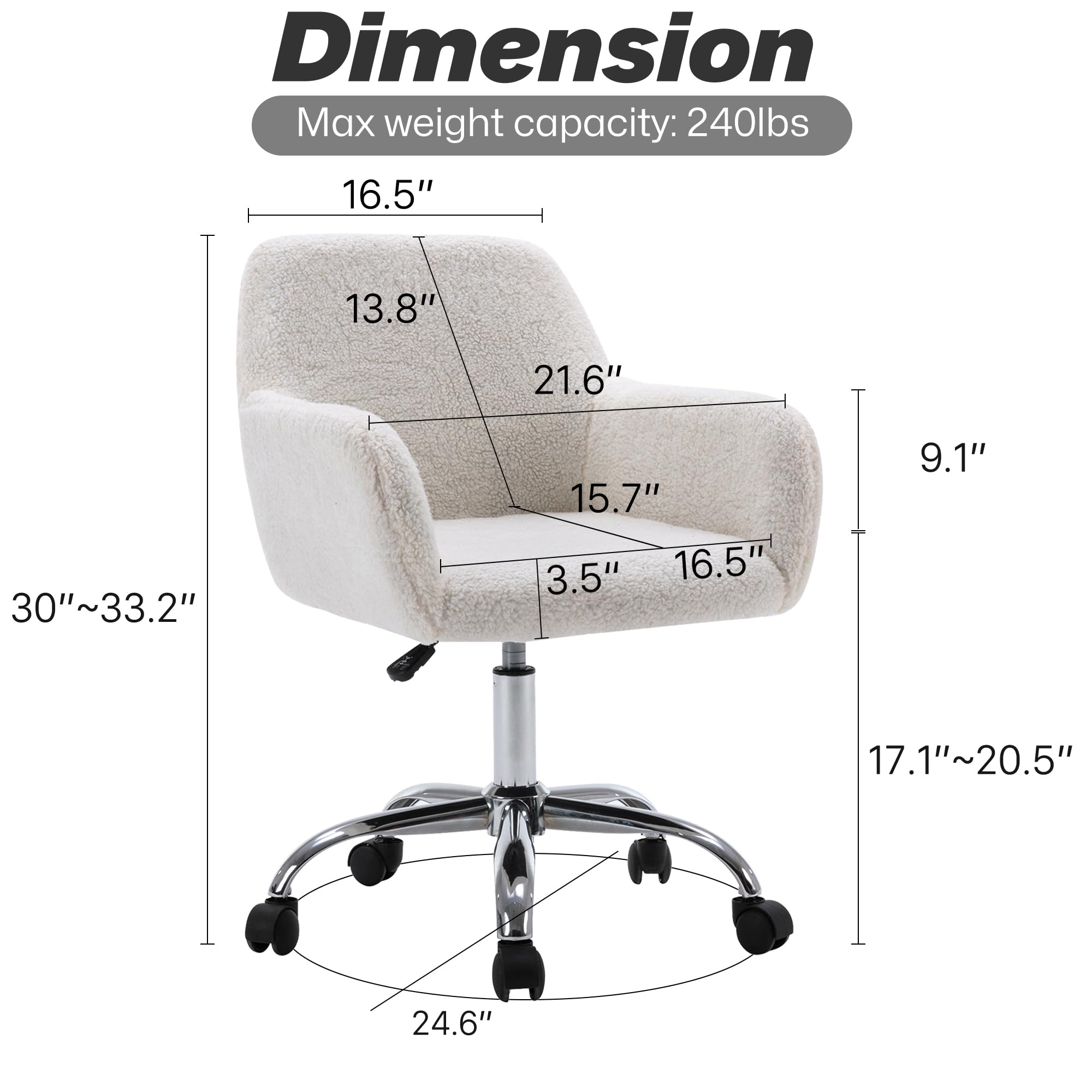 KCC Faux Fur Vanity Makeup Desk Chair - Fluffy Swivel Office Chair with Wheels, Adjustable Height Upholstered Armchair for Women Girls, Elegant Home Office & Bedroom Decor (Pink, White)