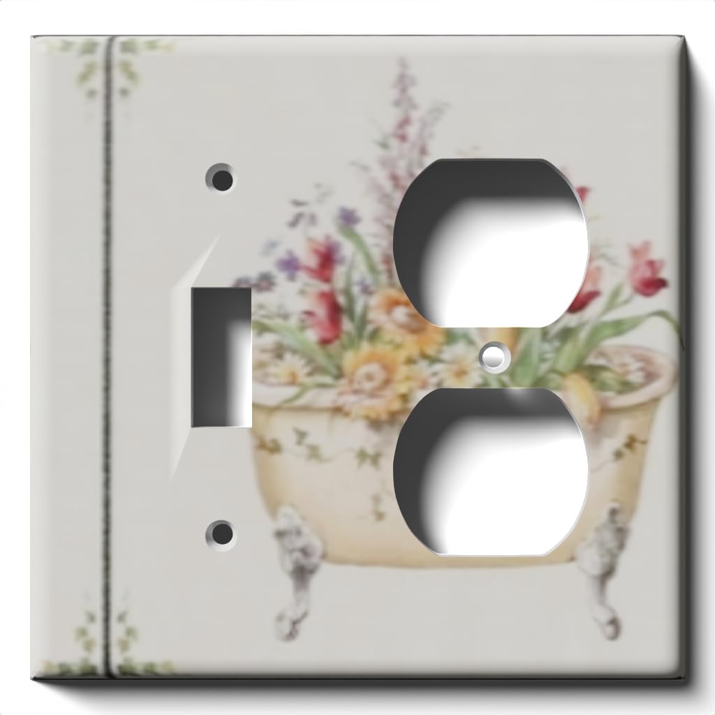 Floral Bathtub Decor Light Switch Outlet Cover - Single Toggle Duplex Receptacle Wall Plate for Bathroom, Spa & Home Decor