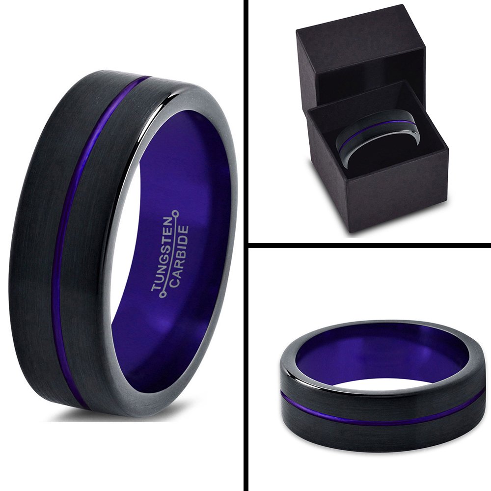 Tungsten Carbide Wedding Band Ring 6mm for Men & Women - Blue Black Center Line, Flat Cut, Black Brushed & Polished Finish - Custom Engraved for Anniversary & Engagement - Perfect for Everyday Wear & Special Occasions