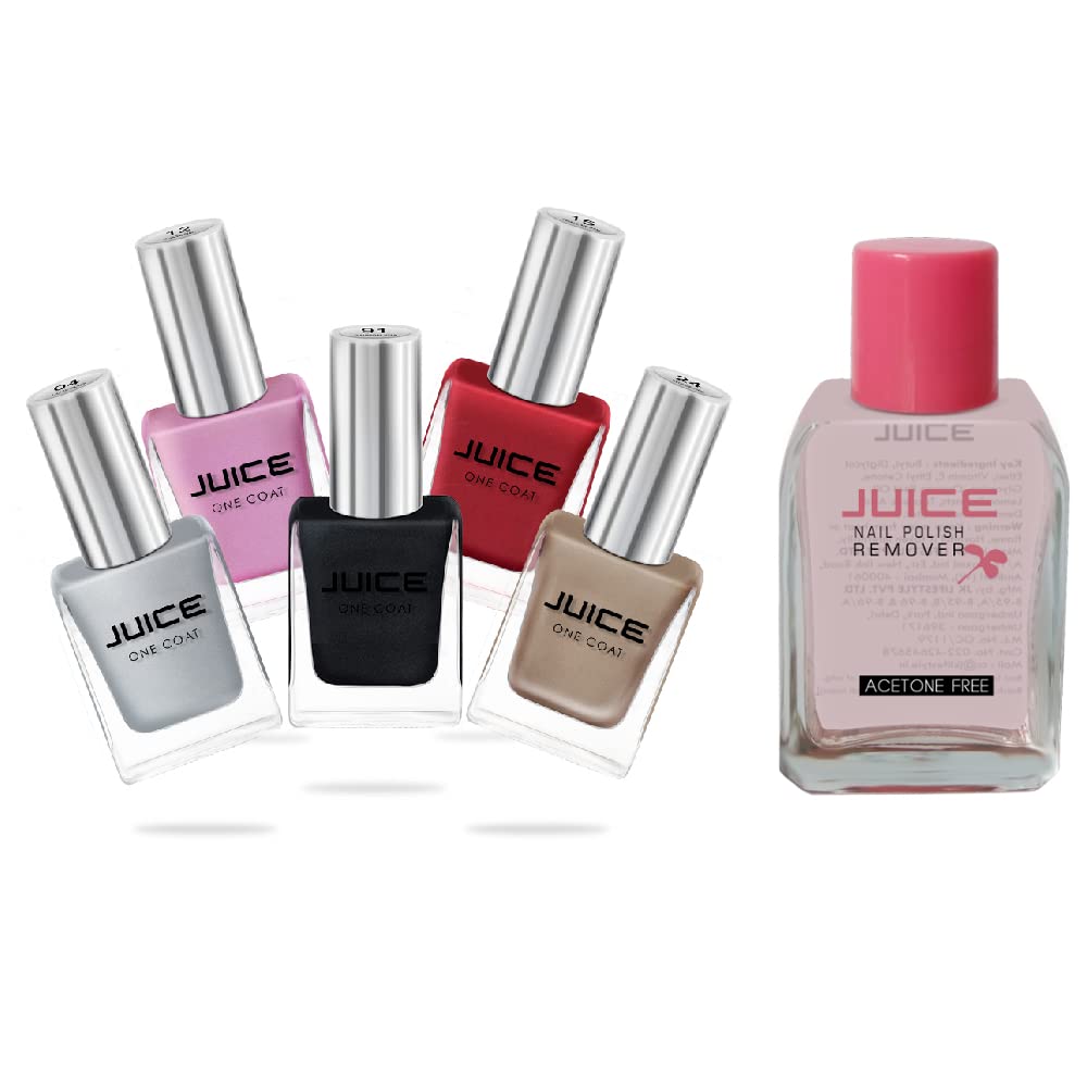 JUICE 5-in-1 Quick Dry Long Lasting Nail Polish Set - Chip Resistant Gel Finish with High Gloss (16 Colors + 1 Remover) - F&D Approved Pigments for Manicure, Pedicure & Nail Art