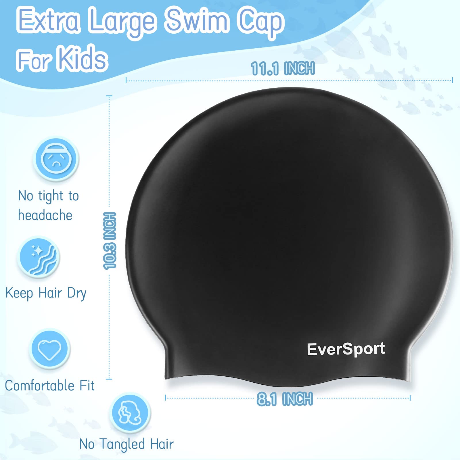 EverSport Kids & Youth Large Swim Cap for Girls 6-14 Years - Silicone Swimming Cap for Long Hair & Braids - Keeps Hair Dry - Perfect for Swimming Lessons, Pool Parties & Beach Activities