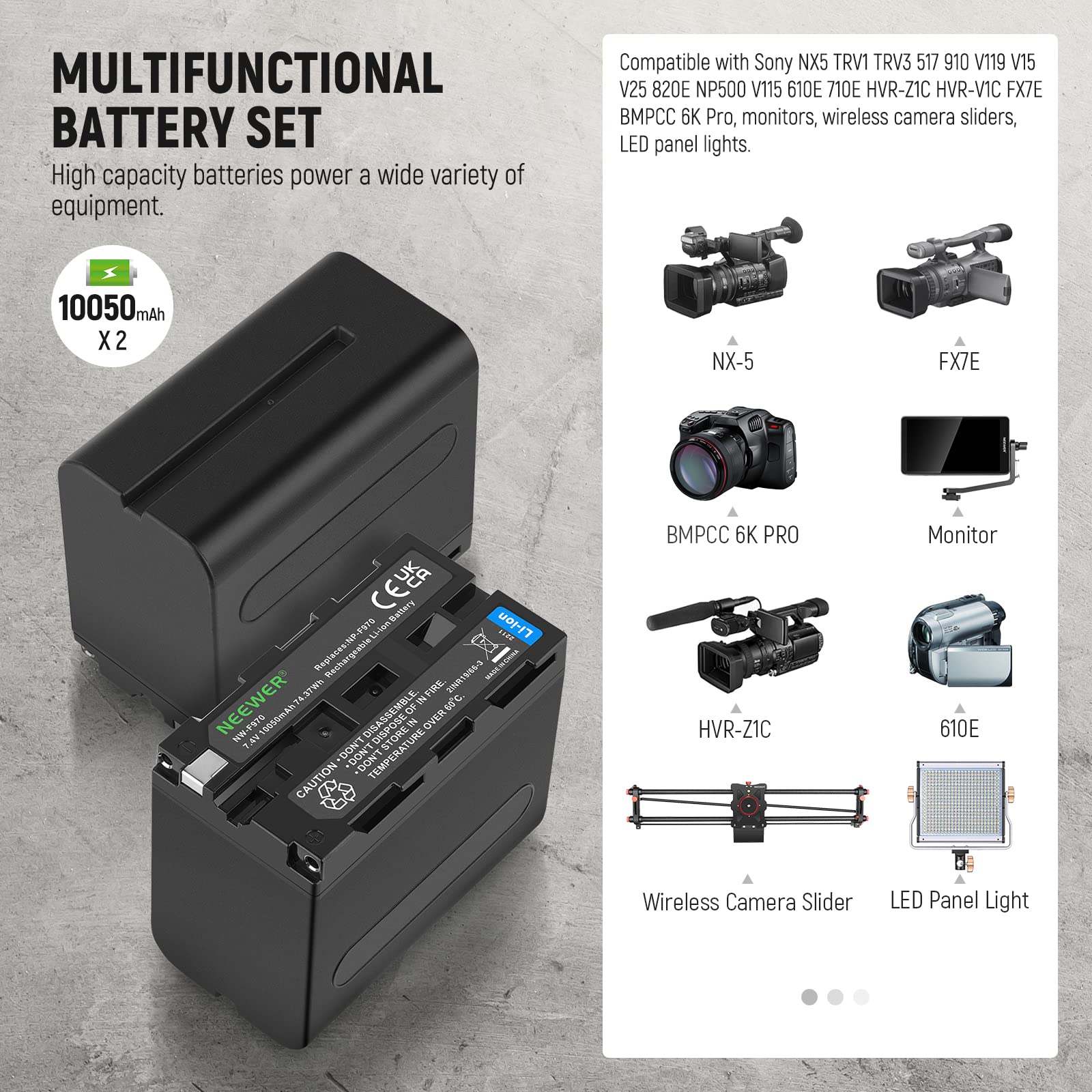 NEEWER 10050mAh NP-F970 Camera Battery with 20W PD Fast Charger - 2 Pack Replacement for Sony NP-F970/950/750/550 - Compatible with Video Cameras, LED Lights, Ring Lights, Monitors & Motorized Sliders - Perfect for Photography, Videography & Studio Lighting