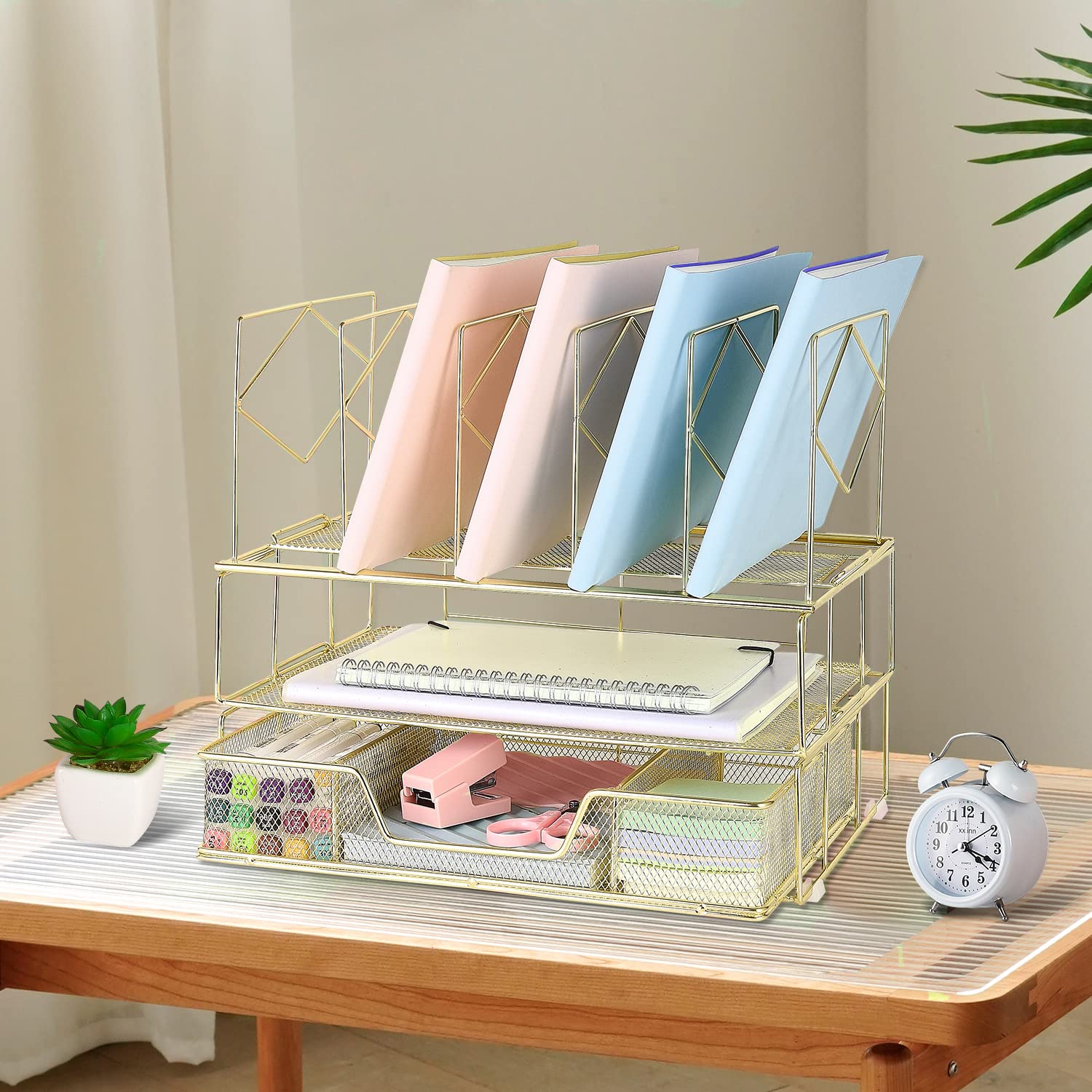 Premium Gianotter Office Catalog Racks - 5-Compartment Gold Desk Organizer for Files, Magazines & Office Supplies - Perfect for Home, Office & Workspace Organization