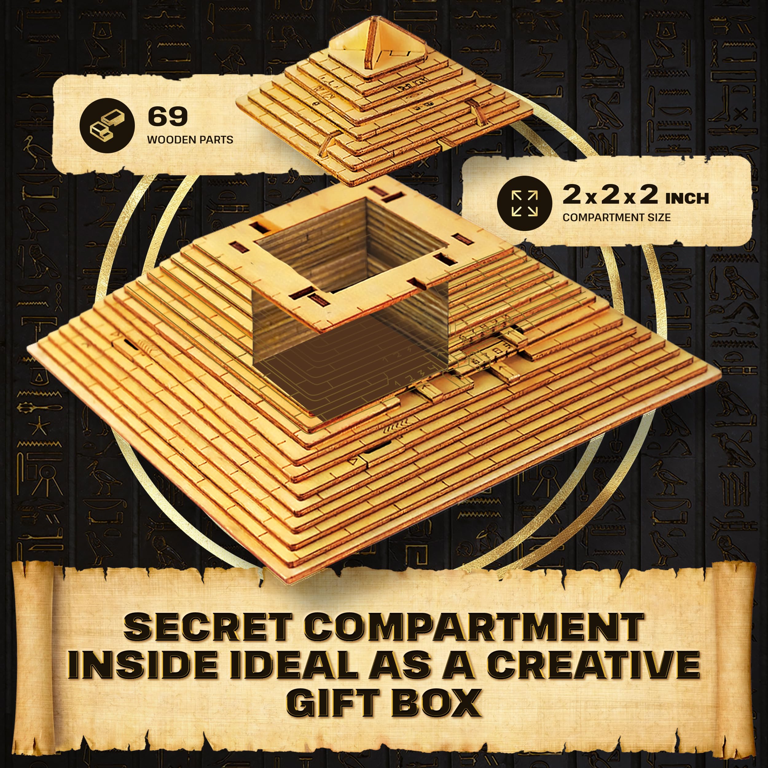 ESC WELT Quest Pyramid Puzzle Box - Wooden Escape Room Brain Teaser for Adults & Teens - Hidden Compartment 3D Puzzle Game - Challenging Family Board Game for Parties, Team Building & Cognitive Training