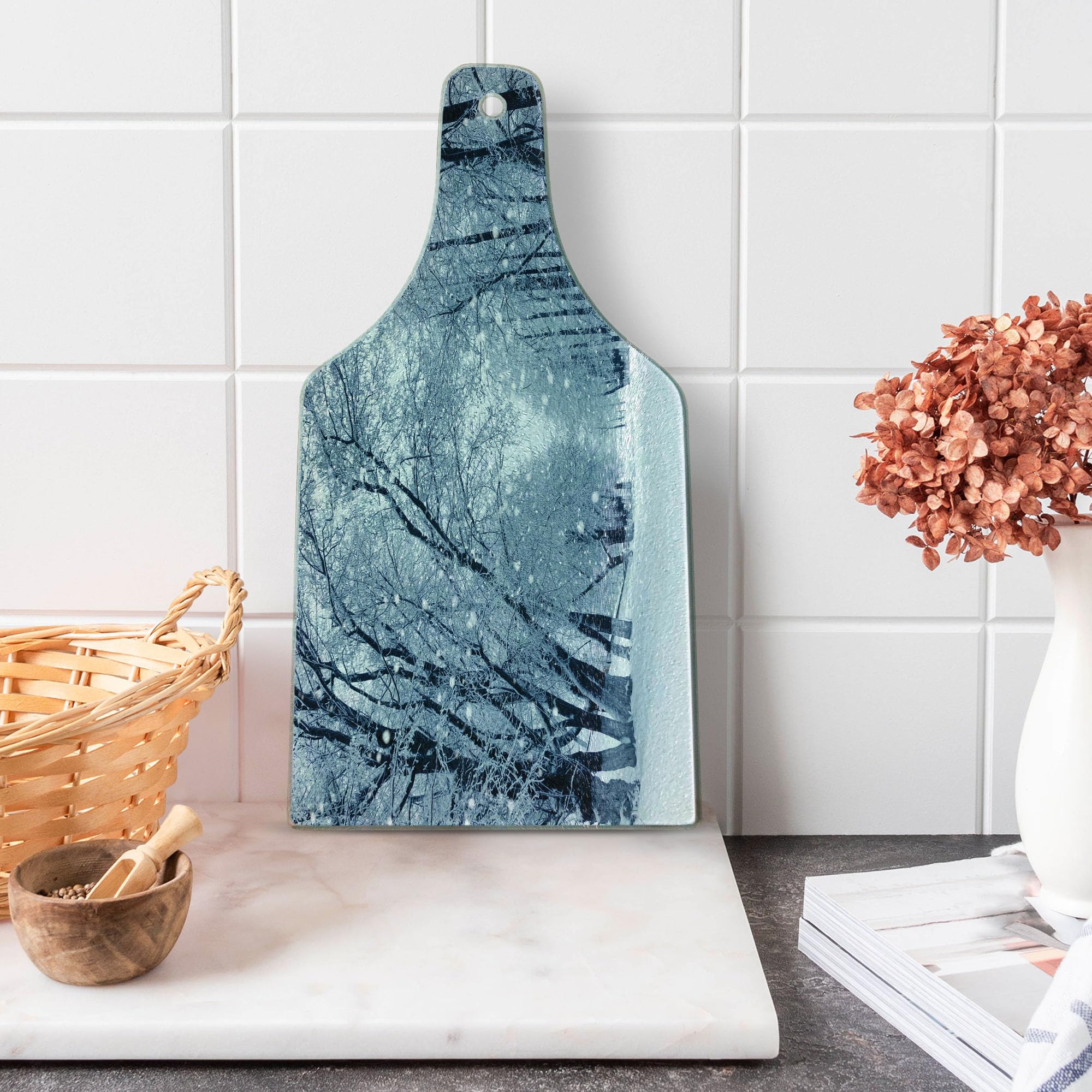 Ambesonne Winter Themed Tempered Glass Cutting Board - Snowy Forest Scenery with Wine Bottle Shape - Durable Serving Board for Cheese, Charcuterie & Holiday Entertaining - Pale Blue, Black & White Decorative Kitchen Accessory