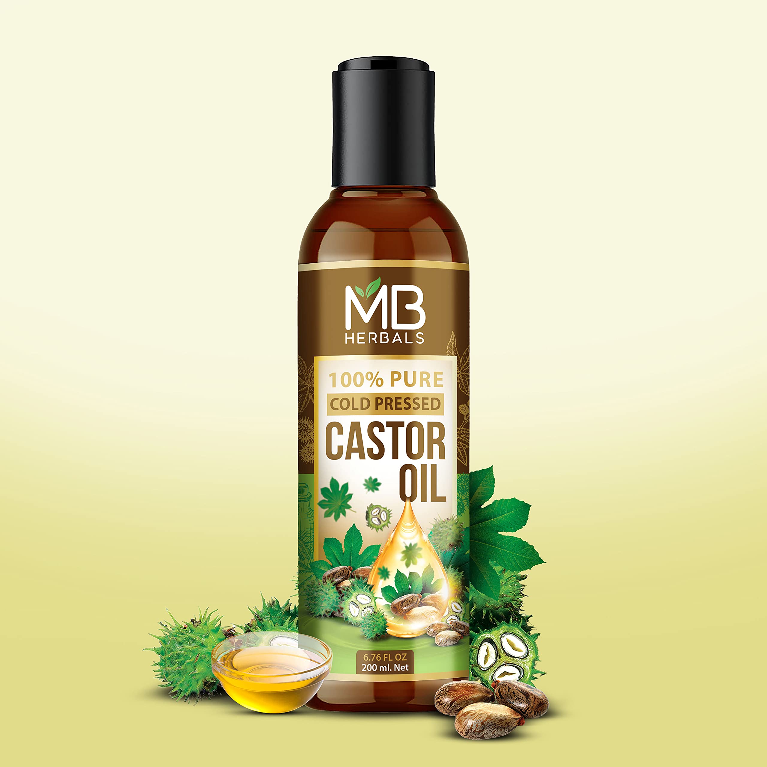 MB Herbals 100% Pure Cold Pressed Castor Oil for Hair Growth, Skin Care & Nail Strength - Natural Beard Growth Treatment - 200ml - Perfect for Daily Hair & Skin Routine, DIY Beauty Recipes & Eyelash Enhancement