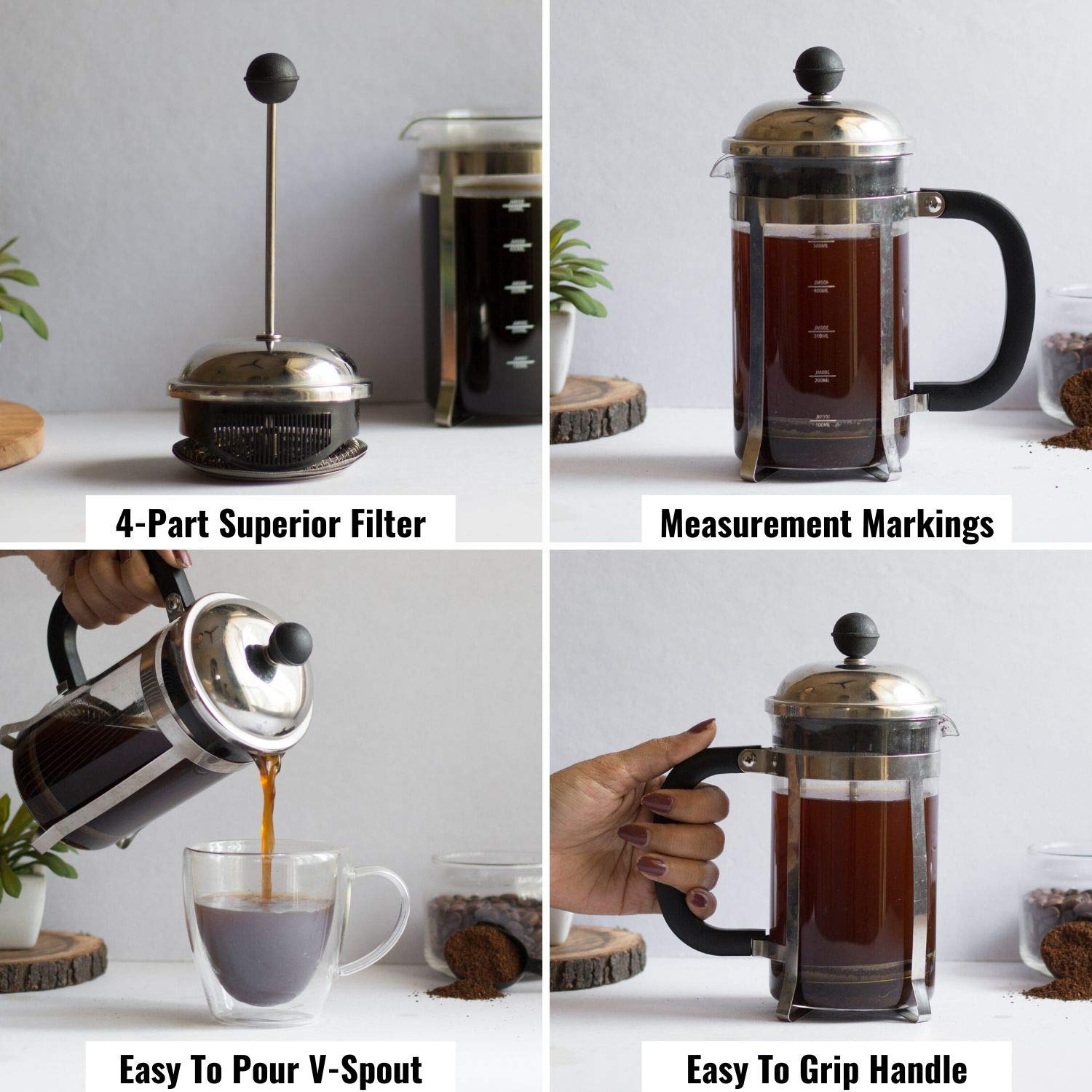 InstaCuppa French Press Coffee Maker - 600ml Stainless Steel with 4-Stage Filtration System | Perfect for Home, Office & Camping | Makes Rich & Flavorful Coffee