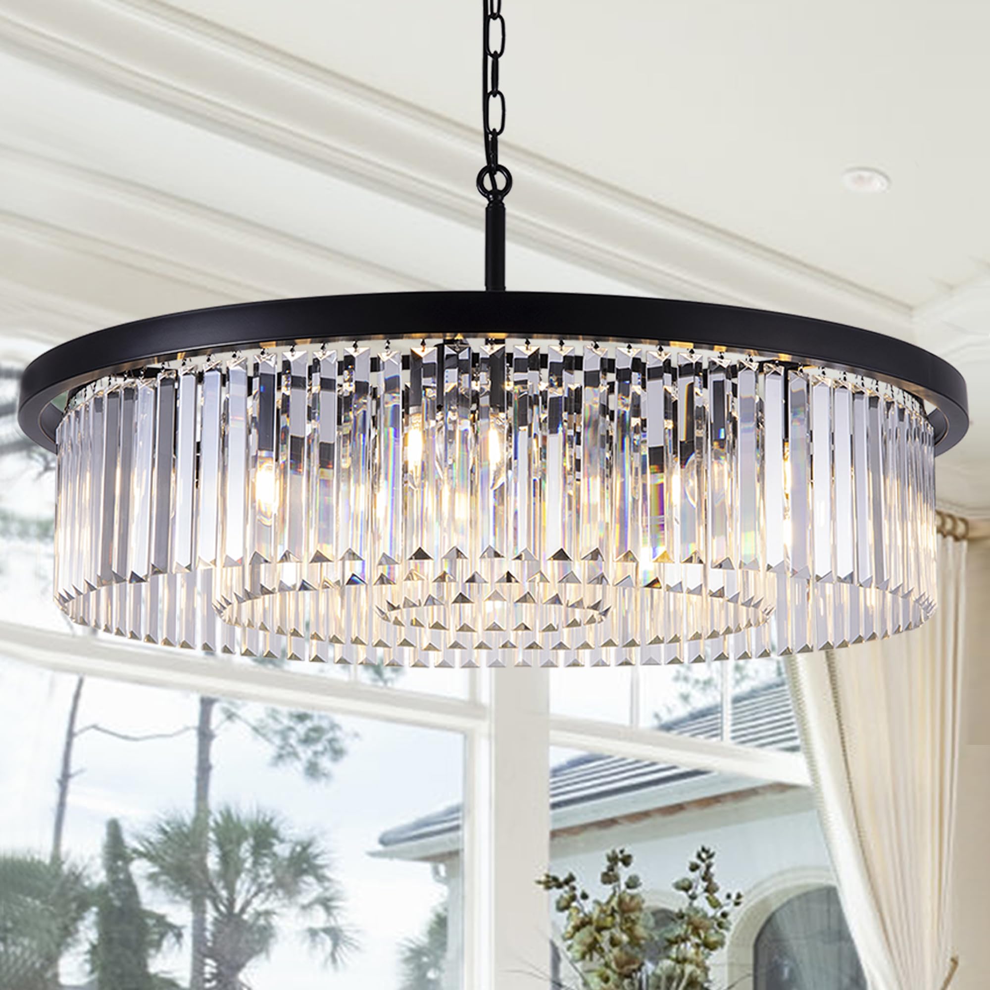 Wellmet Black Large Crystal Chandelier - Modern 9-Light Luxury Ceiling Fixture with 3-Tier Raindrop Design, 33.5