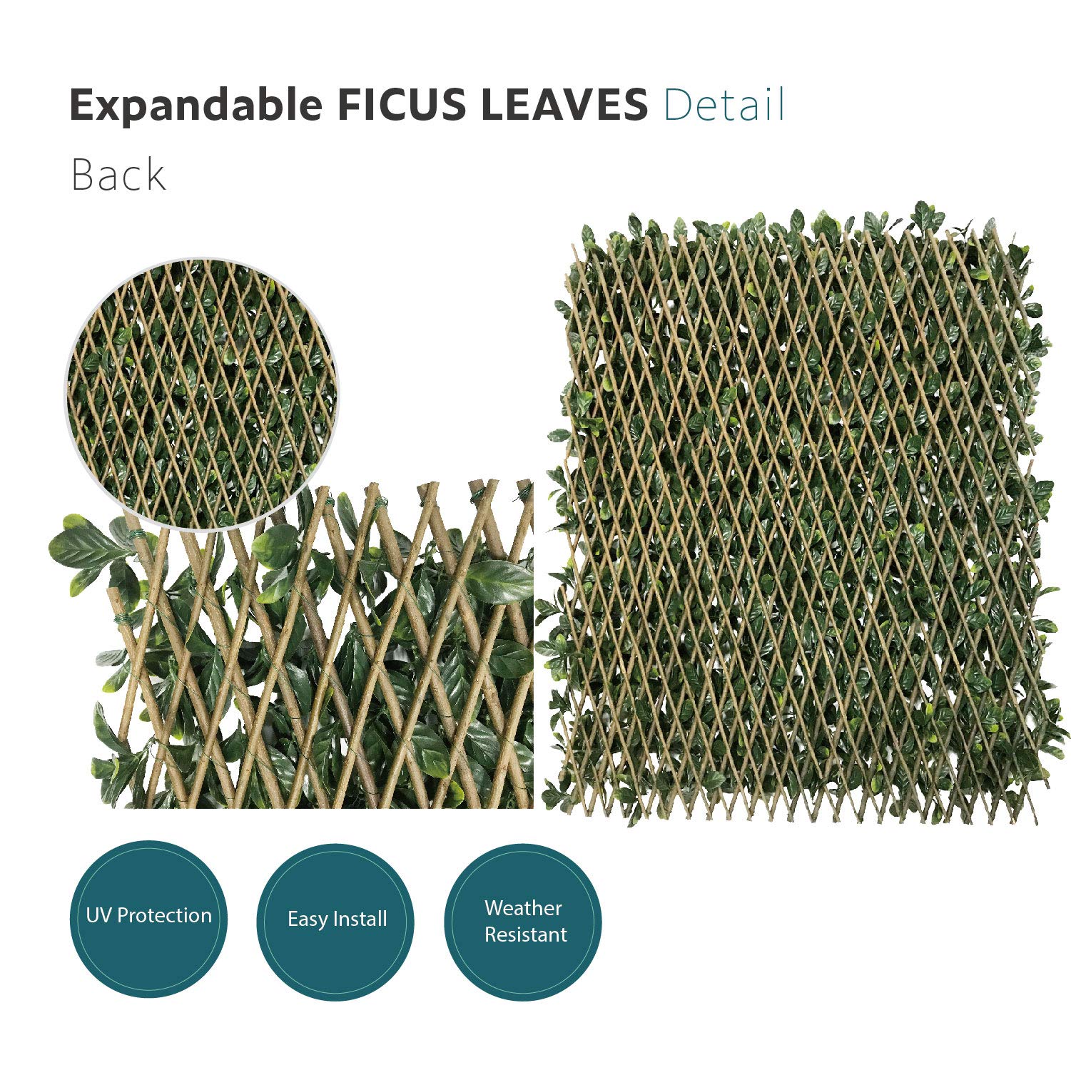 ECOOPTS Stretchable Artificial Buxus Leaf Faux Ivy Privacy Fence Screen - Expandable Decorative Fencing Panel for Balcony, Patio, Garden & Outdoor Use (Single Sided Ficus Leaves, 1 Piece) - Perfect for Privacy, Shade & Home Decor