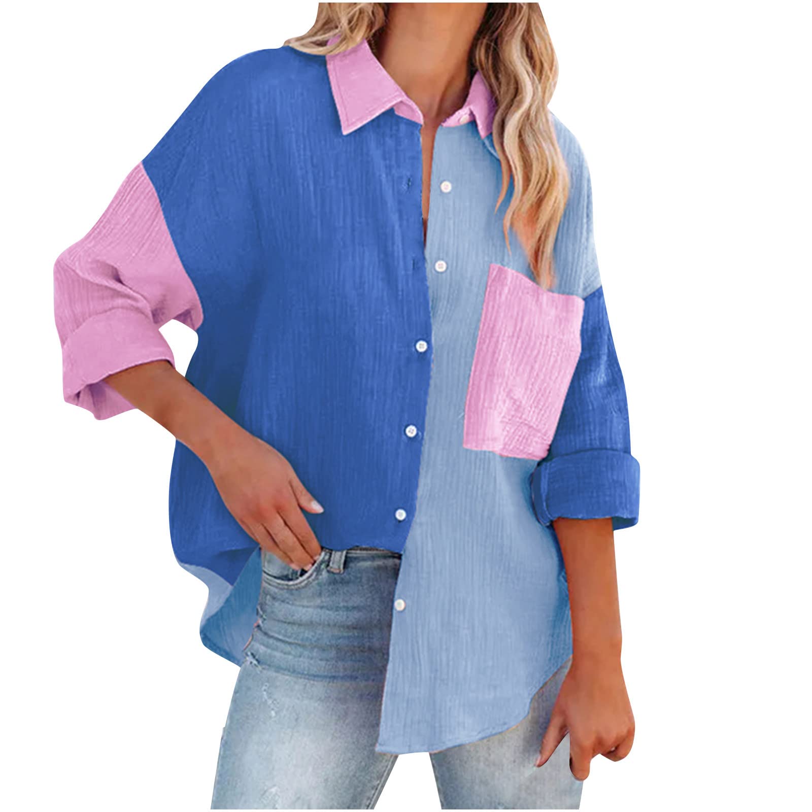 Women's Long Sleeve Button Up Blouse - Colorblock Casual V Neck Shirt Tops with Pockets | Office Wear, Date Night & Everyday Outfits