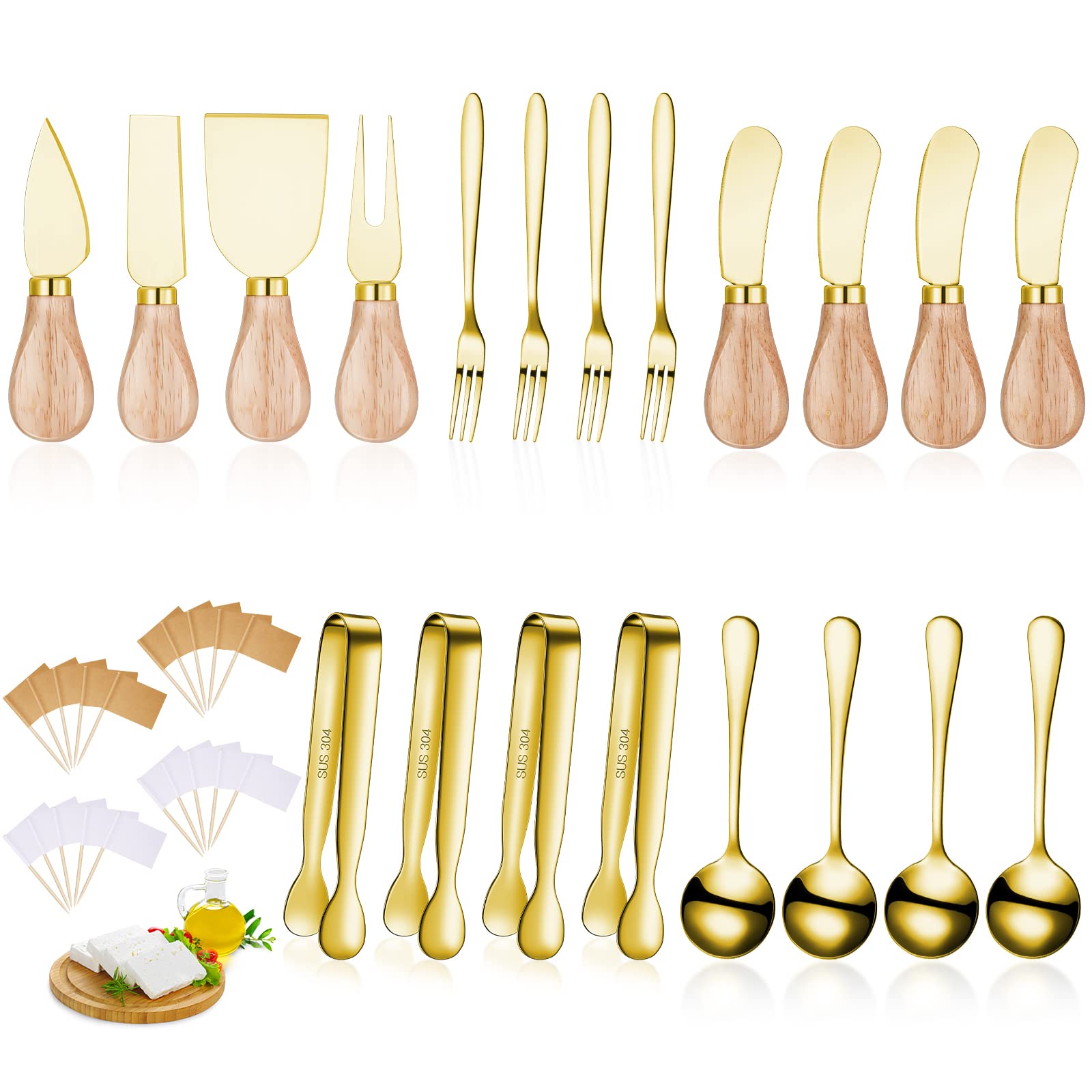Premium Charcuterie Board Set - 20-Piece Cheese & Butter Knives with Wooden Handles, Mini Serving Tongs, Spoons & Forks for Charcuterie, Cheese Platters - Perfect for Parties, Weddings, Christmas & Holiday Entertaining (Gold)