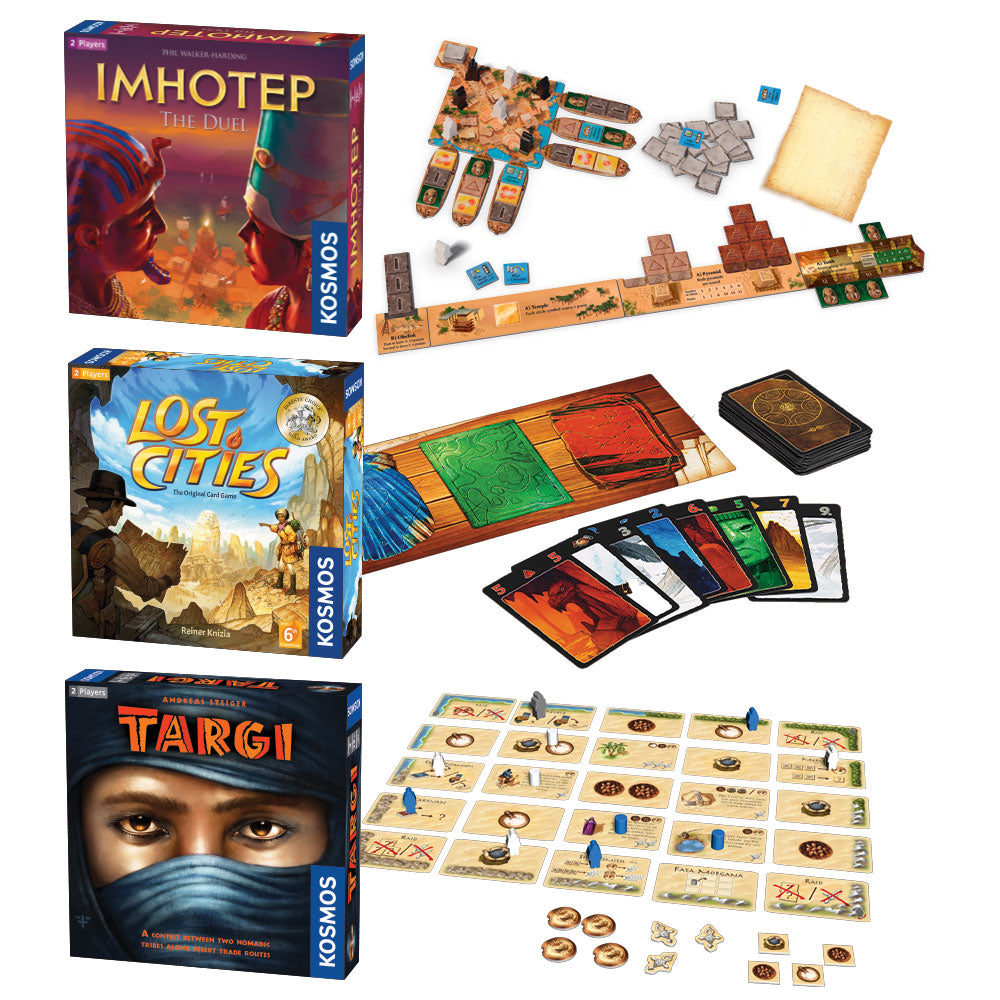 Best 2 Player Board Games Bundle - Imhotep: The Duel, Targi & Lost Cities Card Game with 6th Expedition | Perfect for Couples, Friends & Family Game Nights