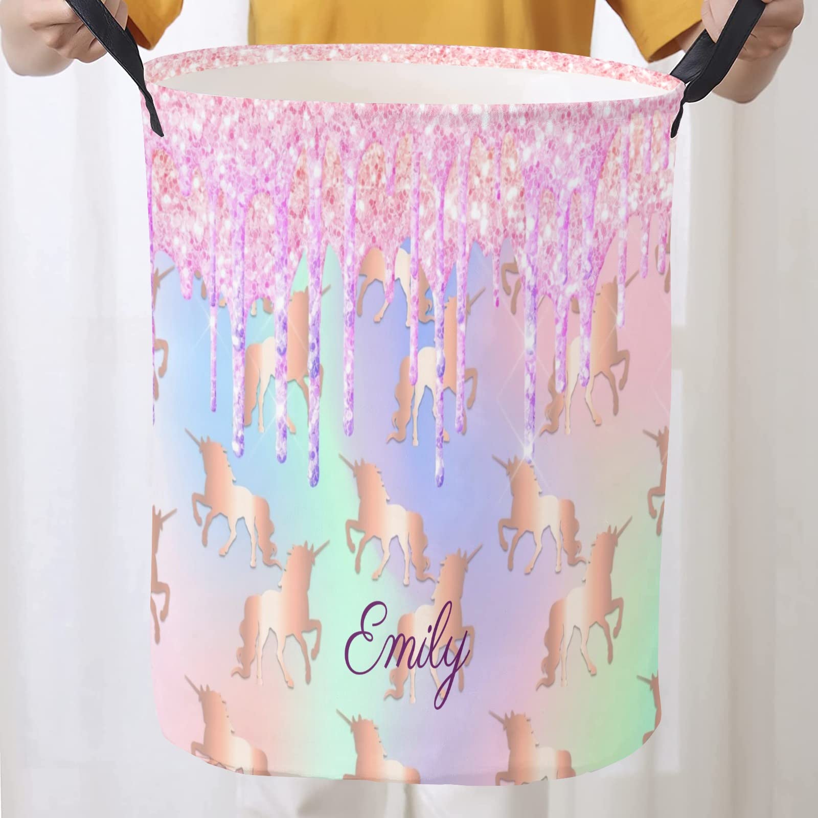 Personalized Collapsible Laundry Basket - Custom Foldable Hamper with Waterproof Design for Clothes & Toys | Perfect for Kids' Room, Dorm Organization & Travel Storage | Unicorn Glitter Decor