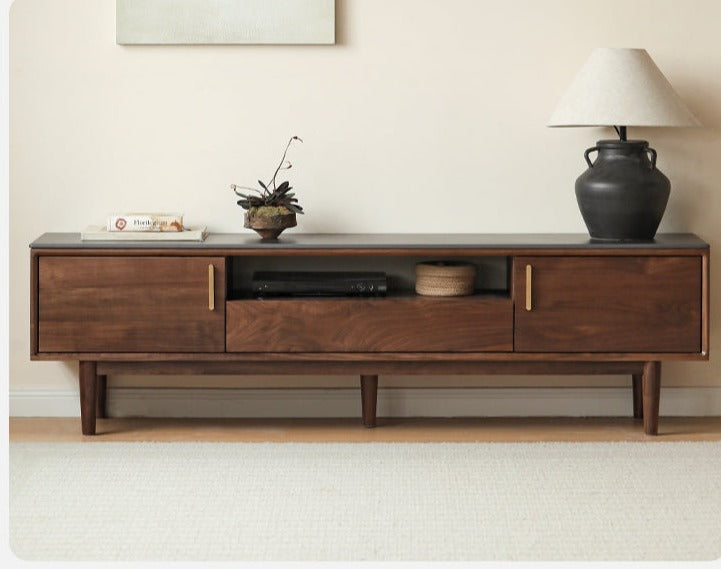 Premium Black Walnut Solid Wood TV Stand Cabinet with Storage - Modern Entertainment Center for Living Room, Home Theater & Media Organization
