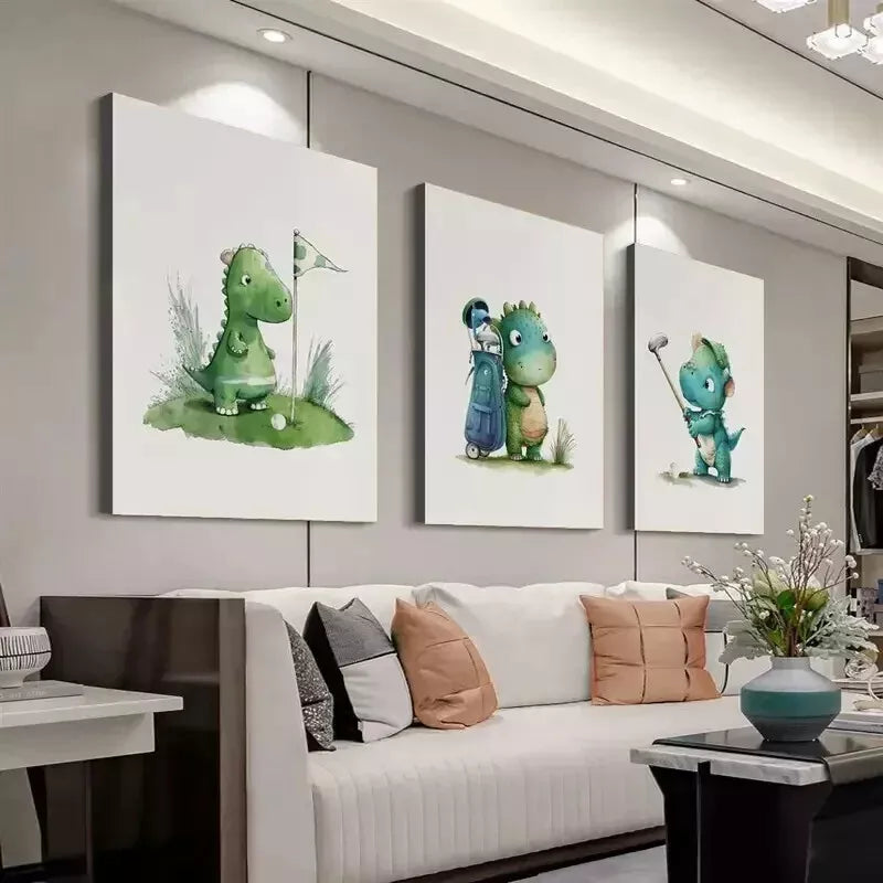 3-Piece Cartoon Dinosaur Wall Art Set - Framed Canvas 50x70cm | High-Quality Print | 100% Australian Made | Ready to Hang | Perfect for Kids' Room, Nursery & Playroom Decor