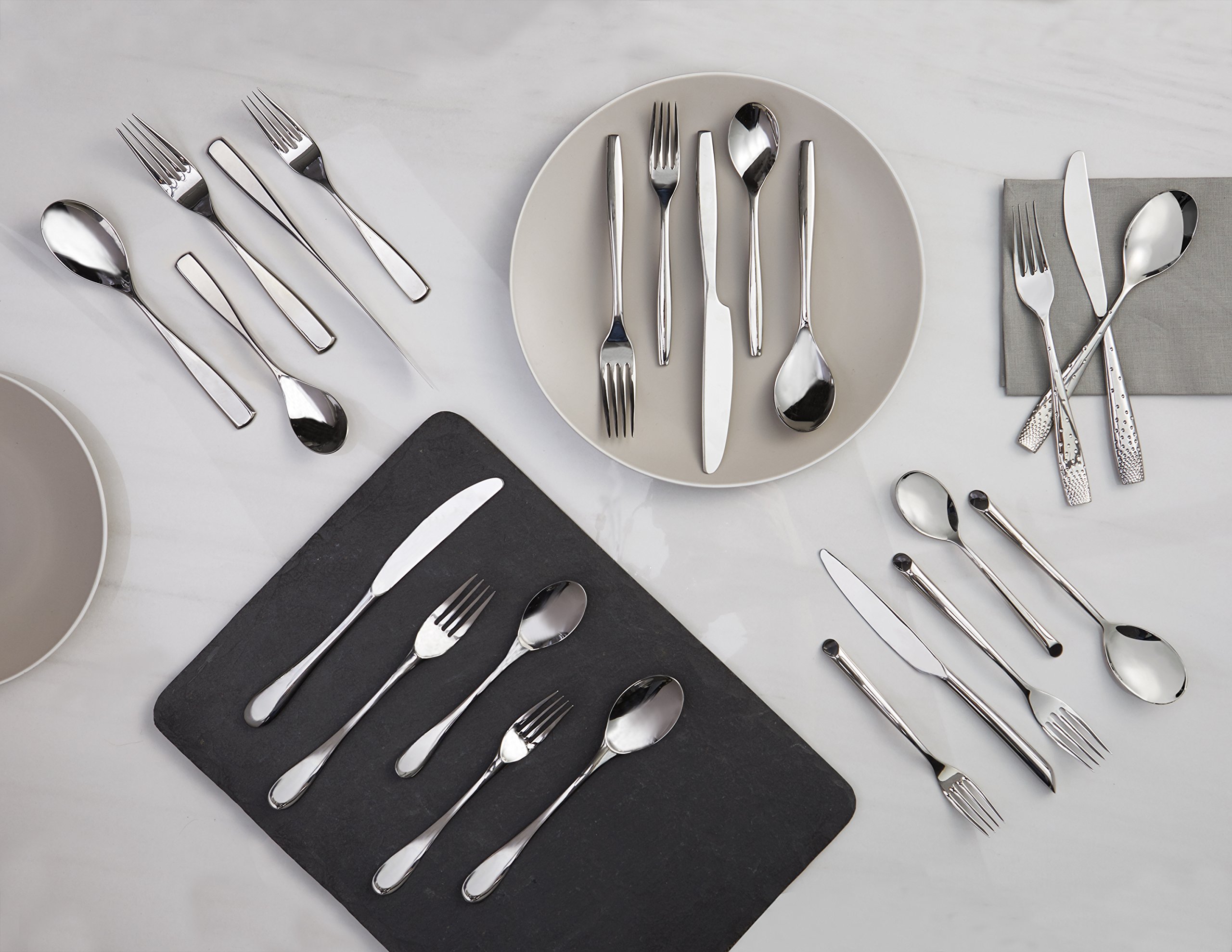 Nambe Bend 45-Piece Flatware Set - 18/10 Mirror Stainless Steel Silverware Cutlery for Home, Restaurant & Hotel Use - Includes 5-Person Place Settings & 3-Piece Serving Utensils - Dishwasher Safe - Perfect for Formal Dining, Dinner Parties & Everyday Meals