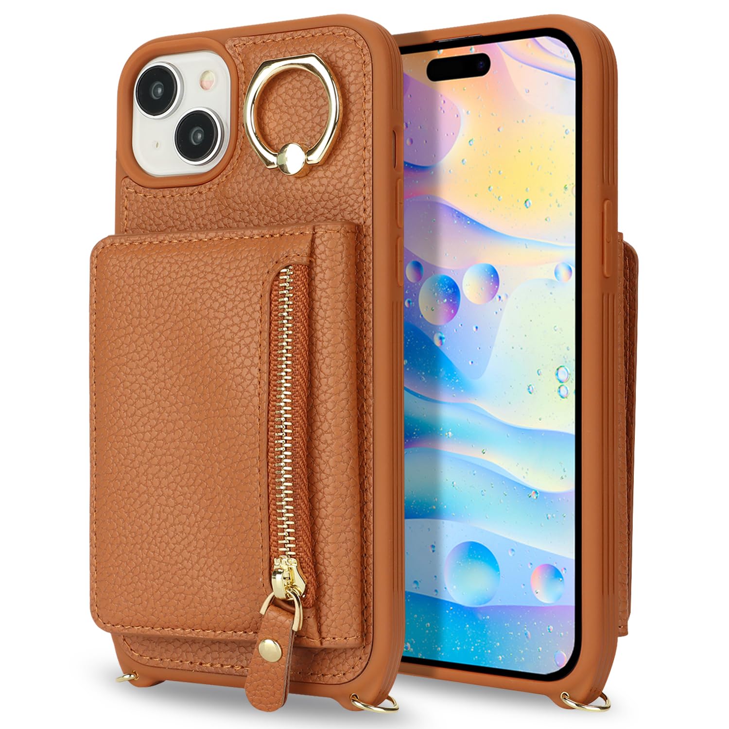 Premium PU Leather iPhone 15 Plus Case with Card Holder & Crossbody Strap - Wallet Phone Case with Zipper Pocket & Stand Ring (Brown) | Perfect for Women's Everyday Use, Travel & Hands-Free Convenience