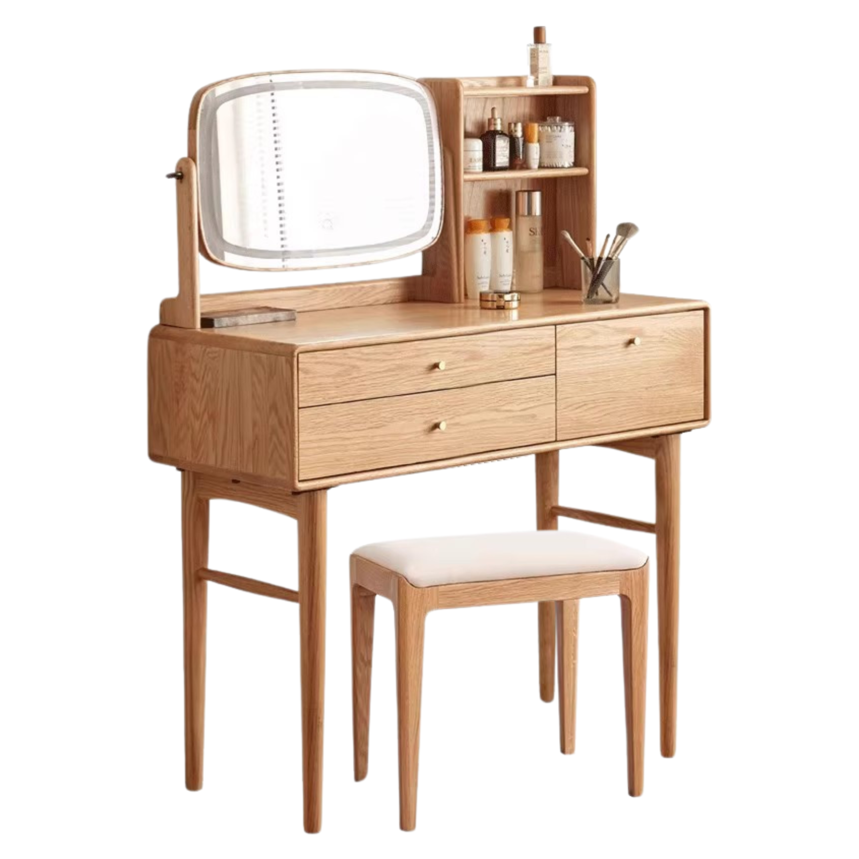 31.5x15.7x48.4 inch/ 80x40x123сm/  Natural Wood Color/Oak  Illuminated makeup table (adjustable mirror) + makeup stool