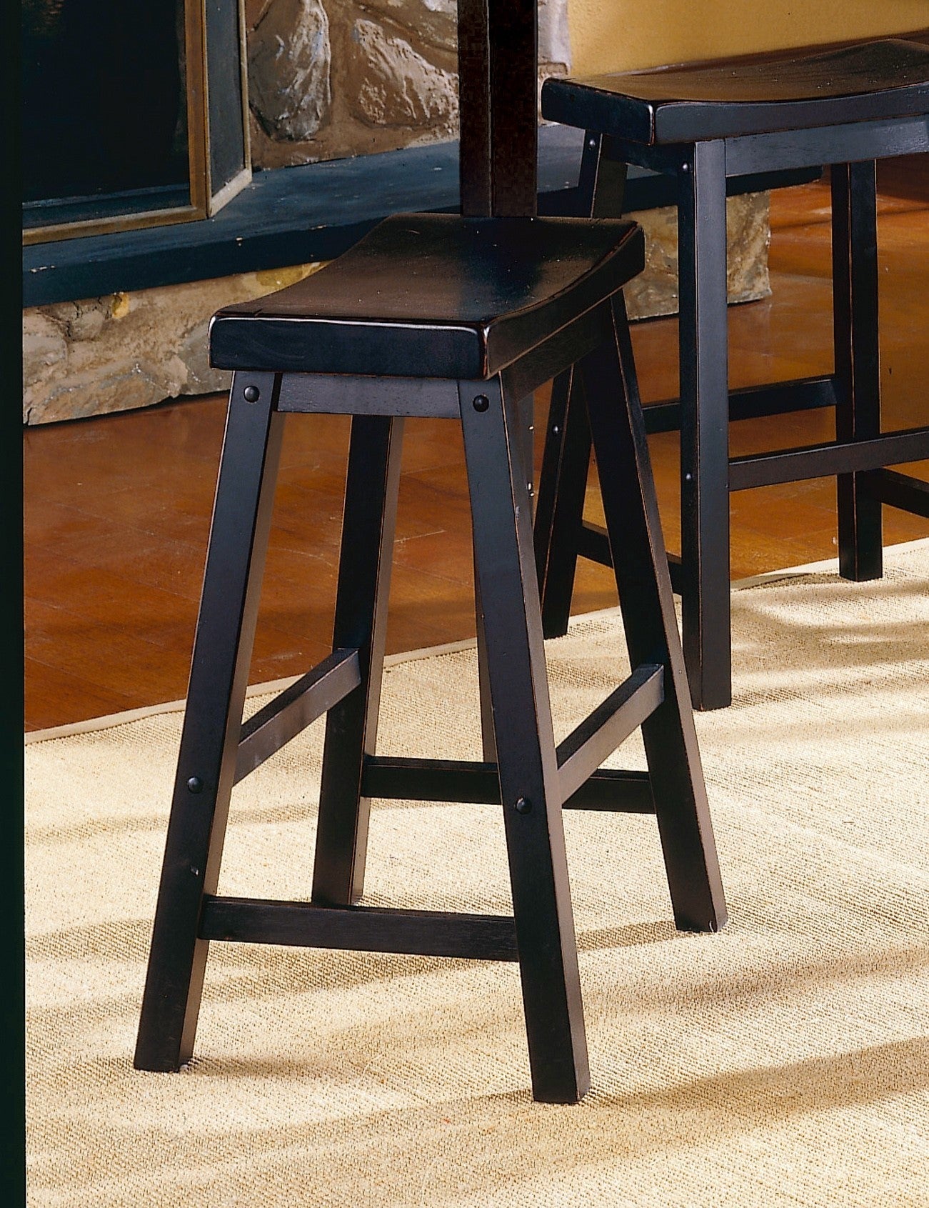 24 Inch Black Counter Height Stools Set of 2 - Solid Wood Saddle Seat Bar Stools for Kitchen Island, Breakfast Nook & Casual Dining - Modern Home Furniture