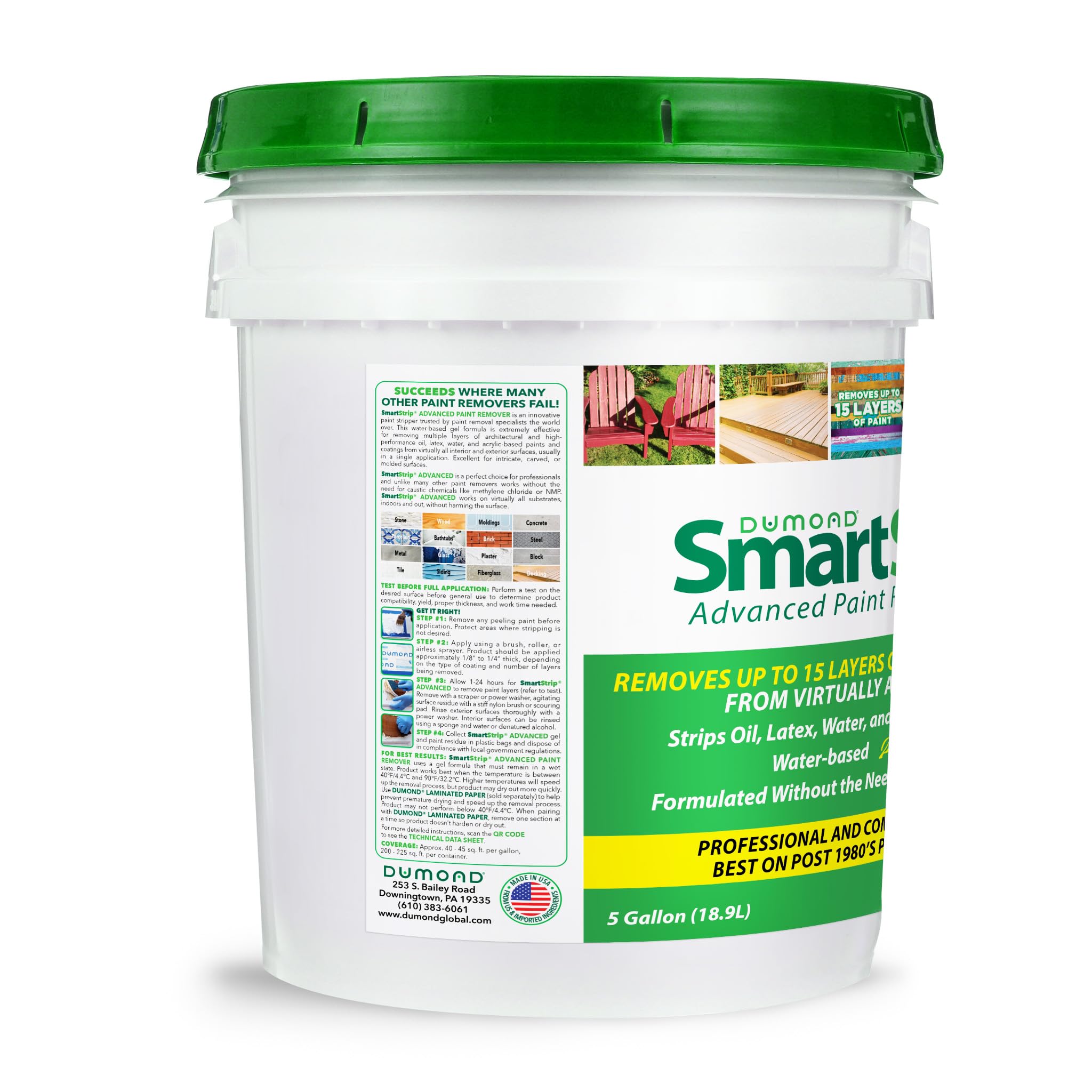 Dumond Smart Strip Advanced Paint Remover - Safe & Effective for Acrylic, Latex, Oil & Water-Based Coatings | Non-Caustic Formula | Indoor & Outdoor Use | Contractor & DIY Friendly | 5 Gallon Bucket | Perfect for Home Renovation & Professional Projects