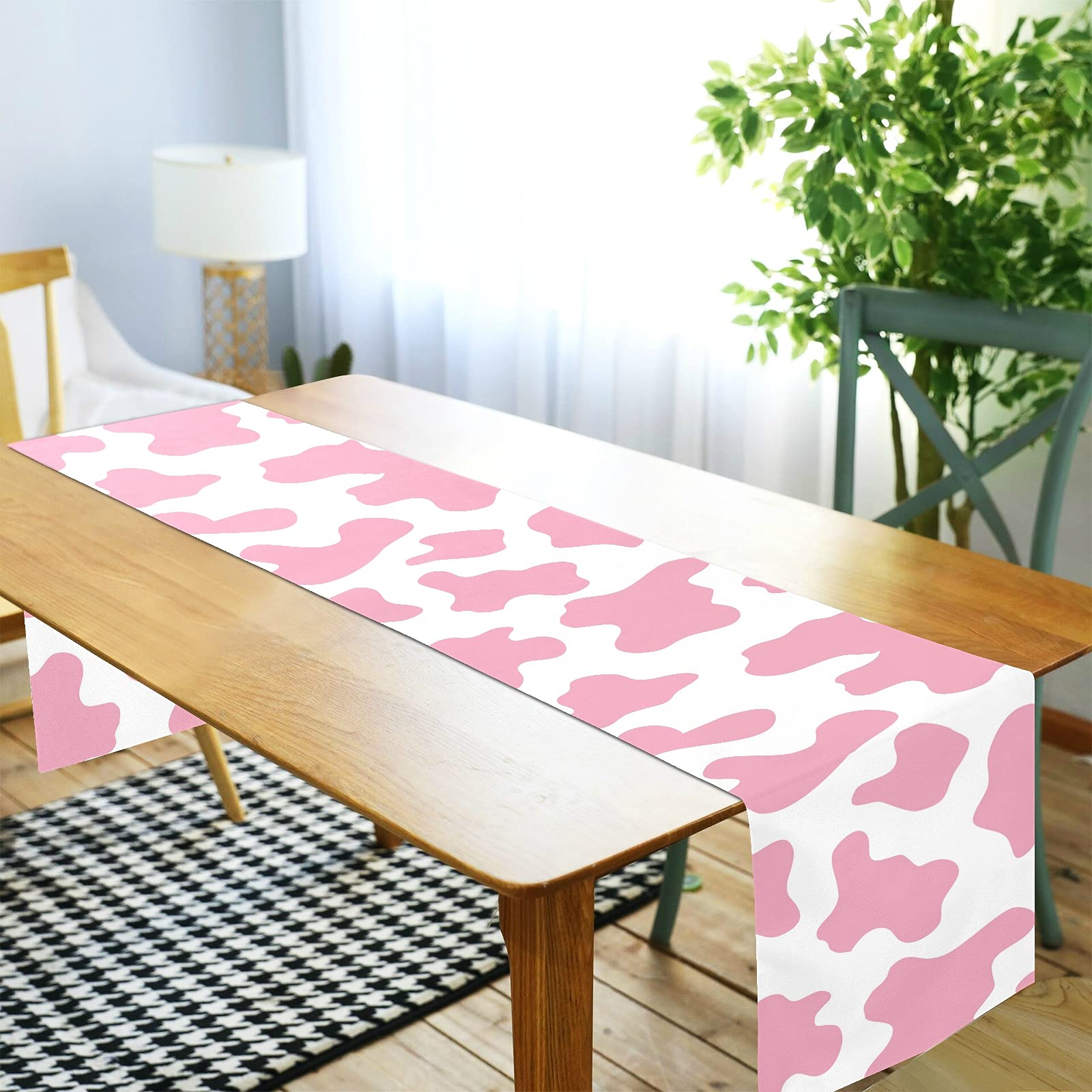 JUNZAN 108 Inch Long Pink Cow Print Table Runner - Farmhouse Dining Table Decor, Buffet Scarf, Dresser Runner for Kitchen, Wedding, Party, and Home Decor