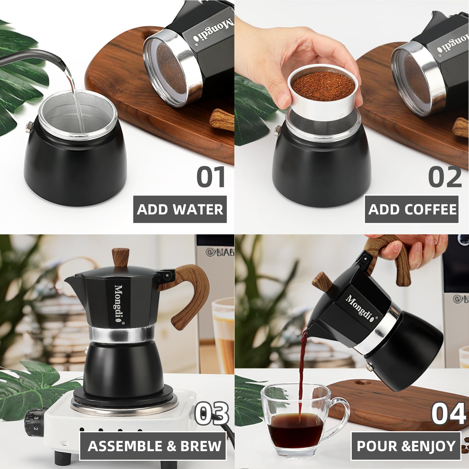 Mongdio Stovetop Espresso Maker Moka Pot - 10 oz Italian Coffee Maker for Cuban & Espresso Brewing - 6 Cup Aluminum Percolator for Stove Top - Perfect for Home, Office & Camping (Black)
