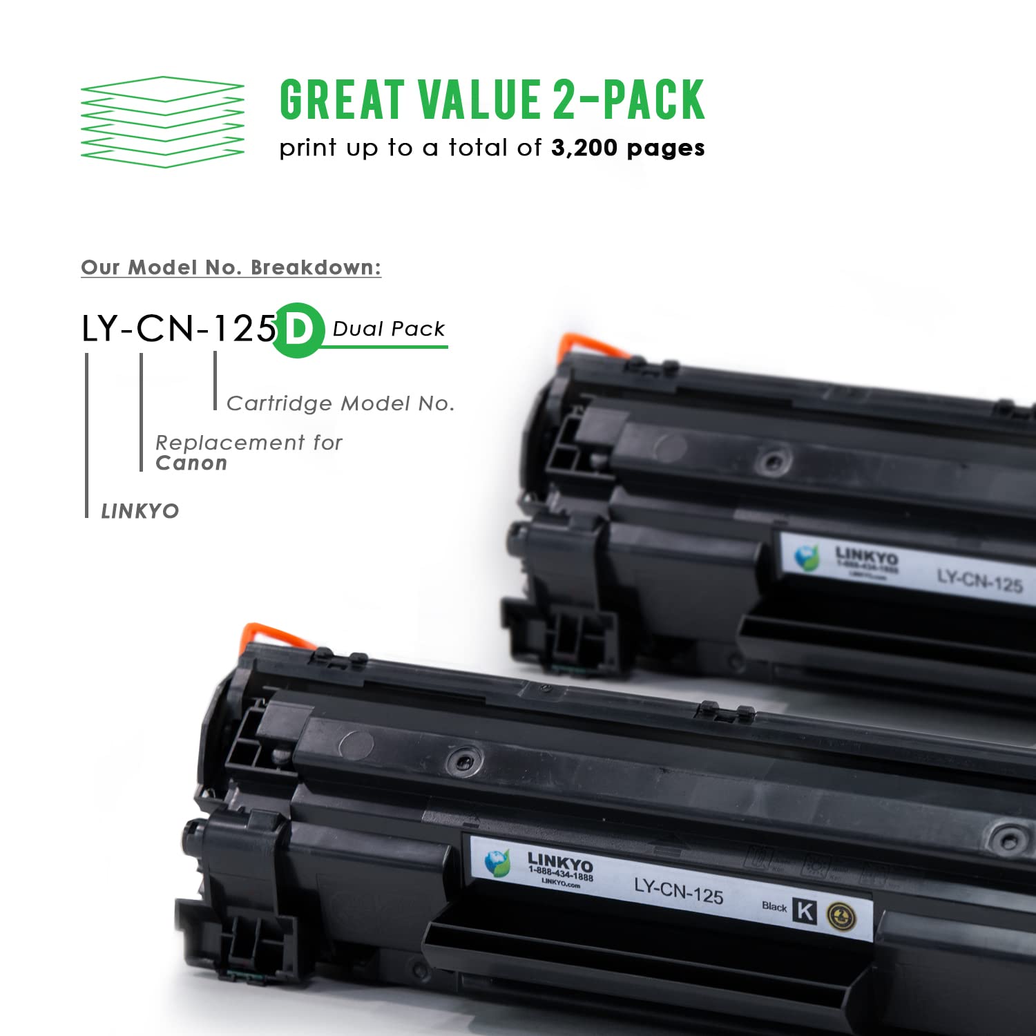 LINKYO Compatible Toner Cartridge Replacement for Canon 125 3484B001AA (Black, 2-Pack) - High Yield Printing for Home & Office Use