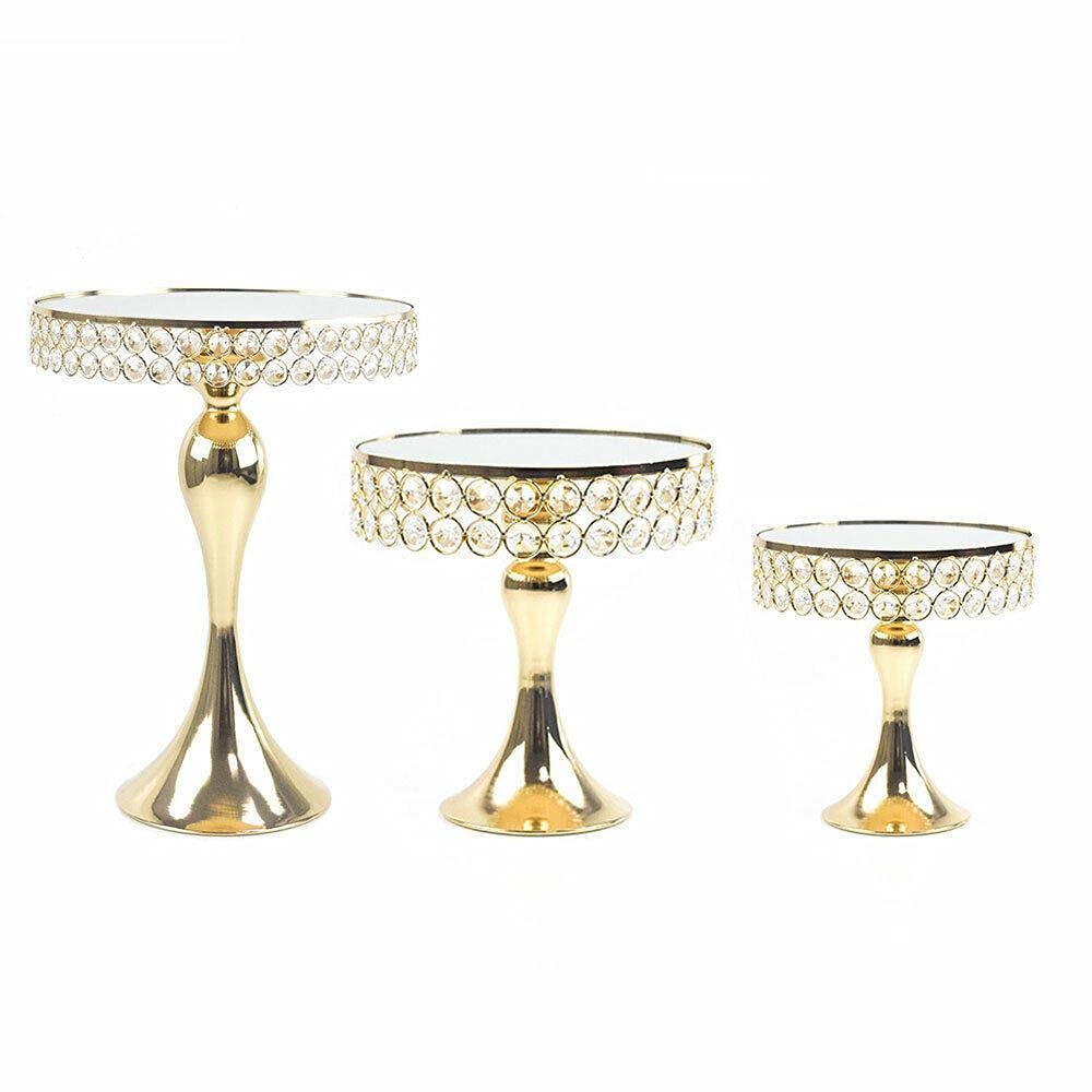 3-Piece Gold Crystal Cake Stand Set - Elegant Wedding Dessert Holder for Cupcakes, Cakes & Pastries | Durable Metal Plates & Peni Stands | Perfect for Kitchen, Party Decor, Cake Display & Dessert Serving