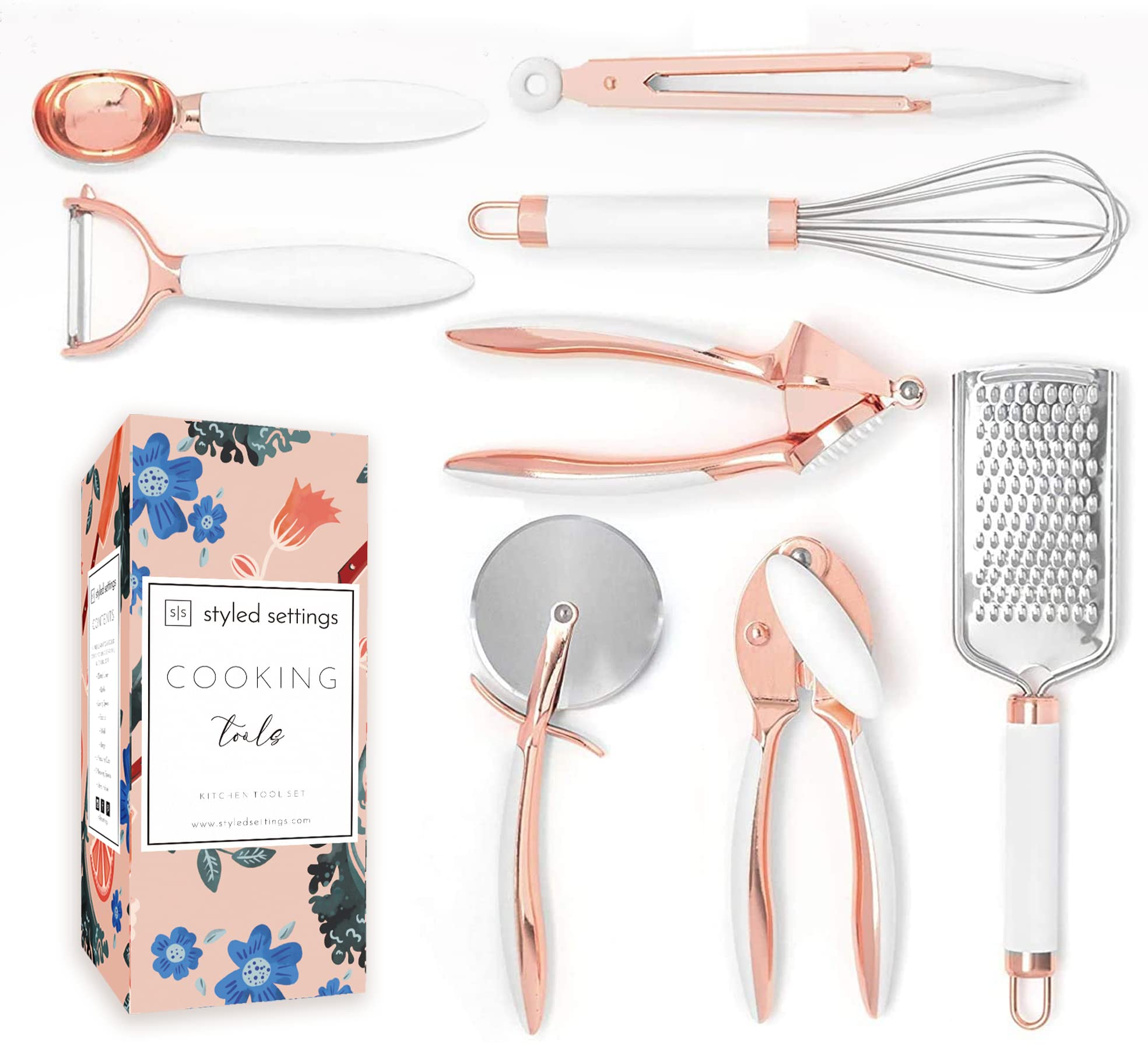 Premium 8-Piece Copper Kitchen Utensil Set - White & Rose Gold Cooking Tools with Anti-Slip Handles - Elegant Copper Cookware for Baking, Stirring & Serving - Perfect Gift for Chefs & Home Cooks