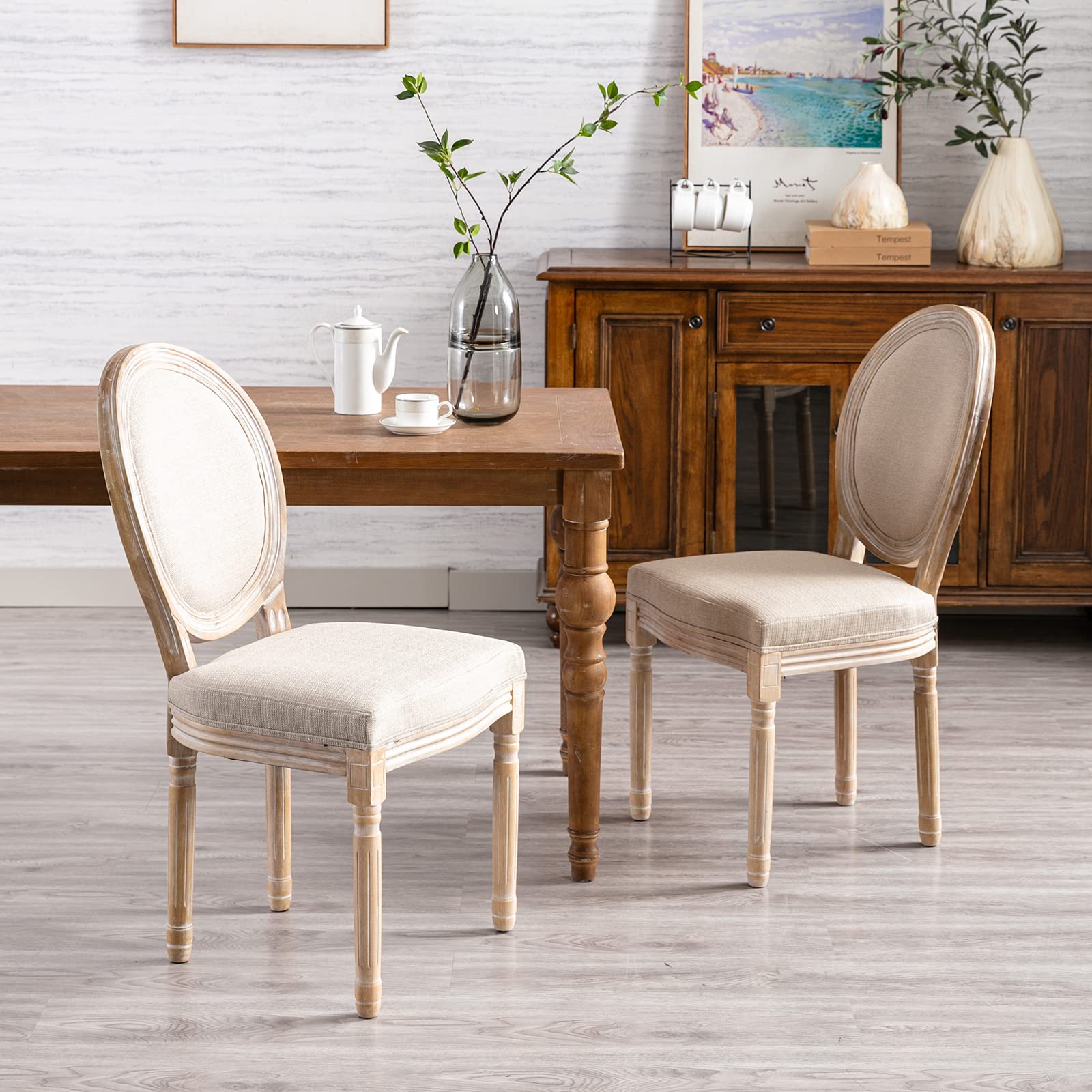 Guyou Upholstered 2-Piece Dining Chair Set in Distressed Driftwood - French Country Vintage Accent Chairs with Round Fabric Back - Perfect for Kitchen, Dining Room & Living Room (Beige)