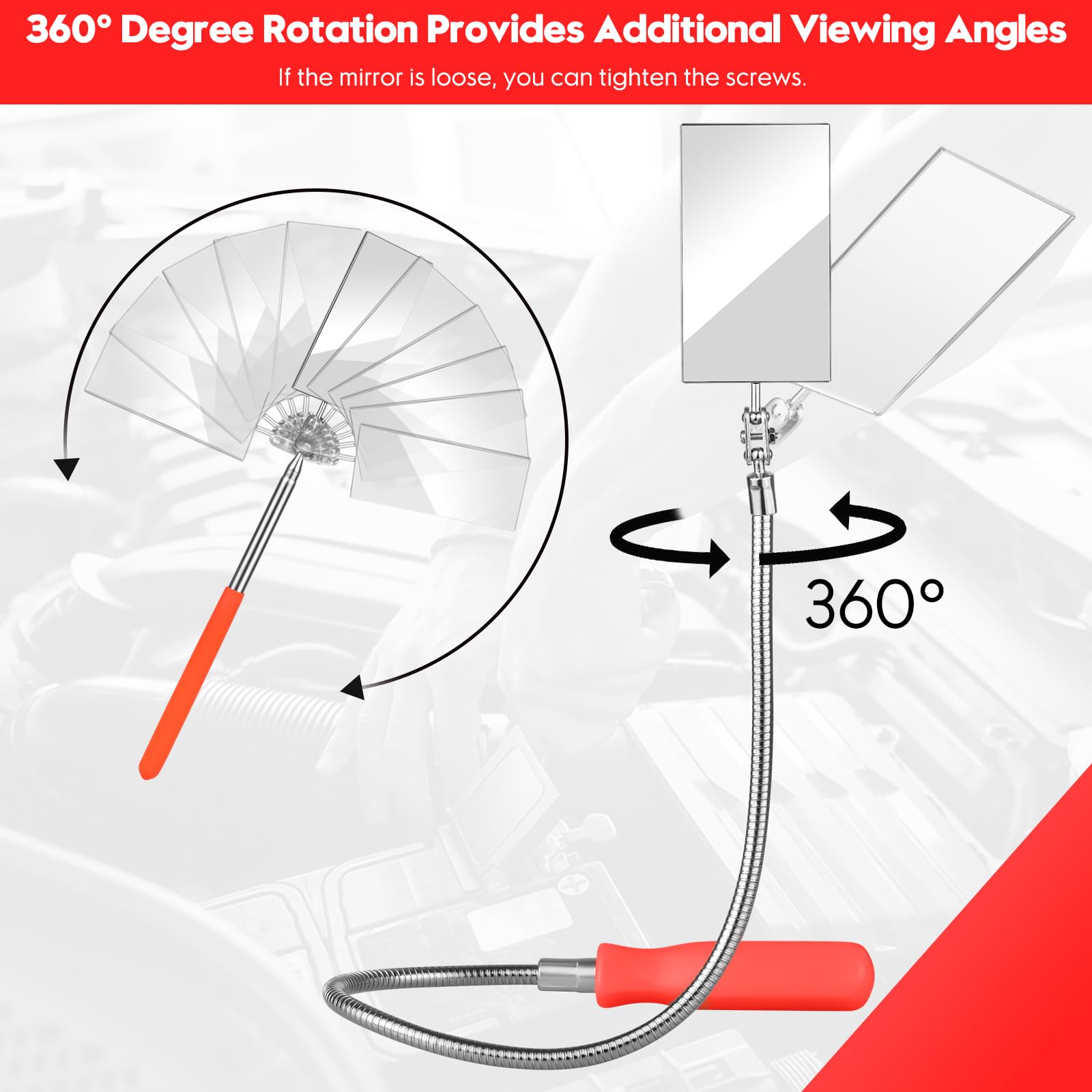 Telescoping Inspection Mirror - Flexible & Extendable Automotive Mirror with Bendable Handle for Vehicle Maintenance, DIY Repairs, and Hard-to-Reach Areas - Perfect Gift for Car Enthusiasts and Mechanics