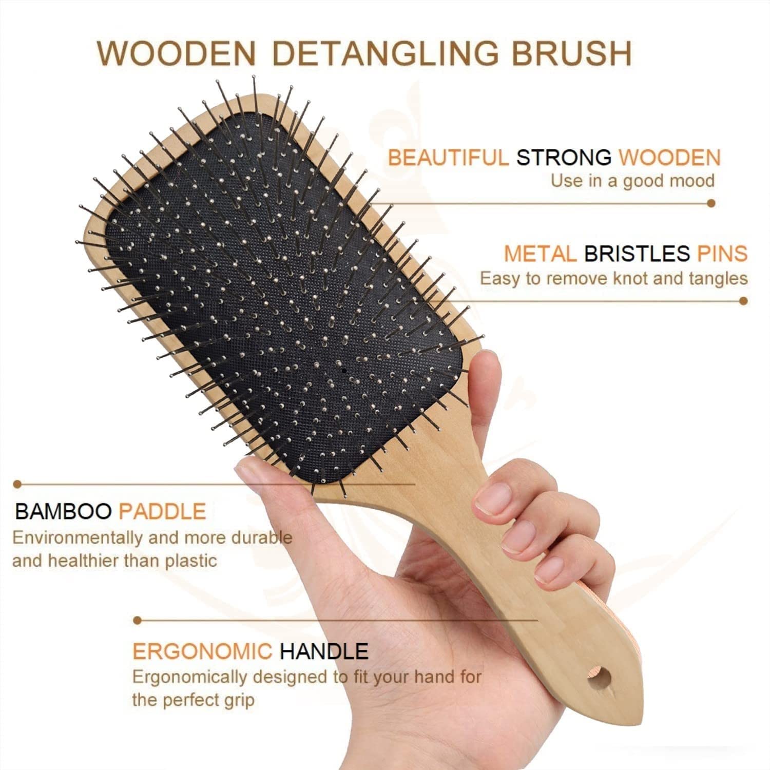 KAYI Wooden Massage Hair Brush with Metal Pins - Large Detangling Brush for Thick Hair, Scalp Massager for Hair Growth & Relaxation | Perfect for SPA, Salon & Home Hair Care