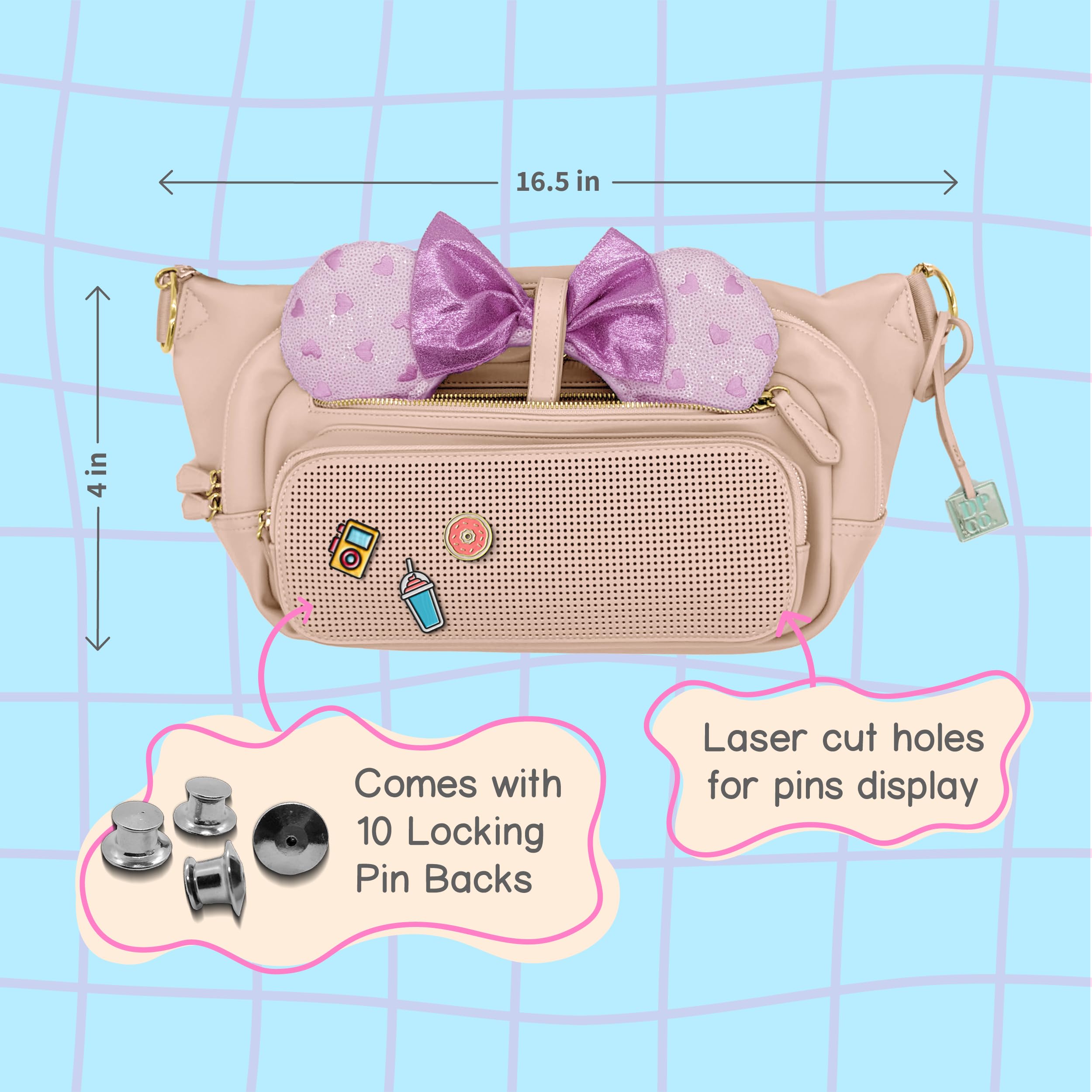 Designer Park Company - Women's Leather Crossbody Bag with Adjustable Strap & Locking Pins, Fashionable Fanny Pack Sling Bag for Theme Parks, Travel, Concerts & Daily Use - Blushed