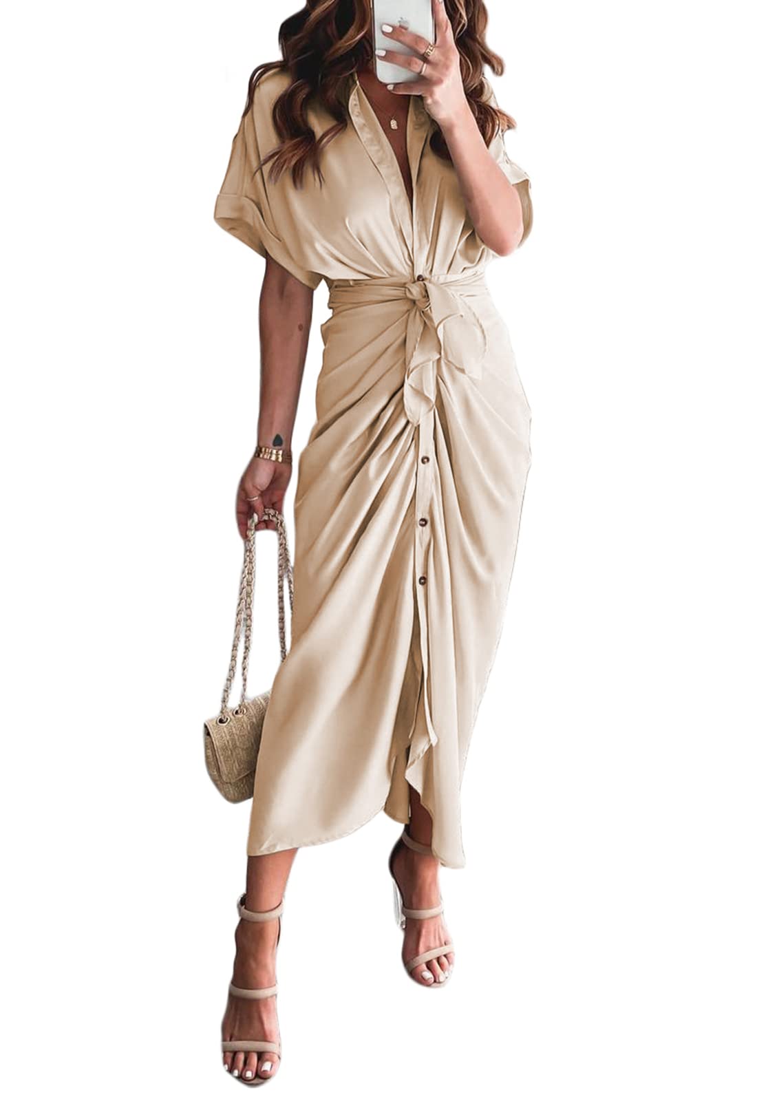 Elegant Women's Satin Button Down Short Sleeve Maxi Shirt Dress with Belt - Perfect for Summer Outfits, Beach Cover Up & Casual Office Wear