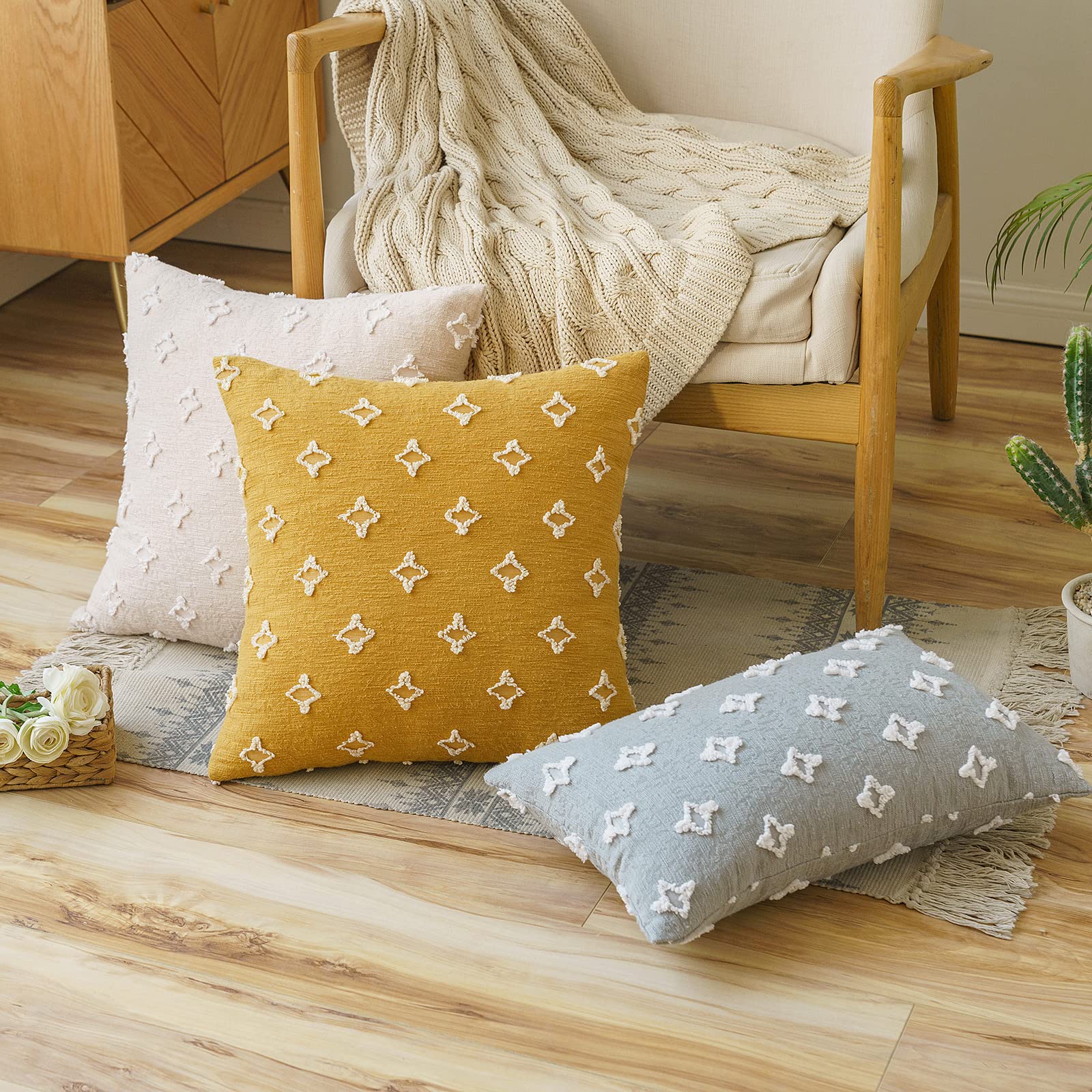 ANRODUO 2 Pack Yellow Boho Decorative Throw Pillow Covers 18x18 - Tufted Rhombic Jacquard Design, Soft Couch Pillow Cases for Living Room, Sofa, Bedroom - Spring Home Decor & Bohemian Style Accents